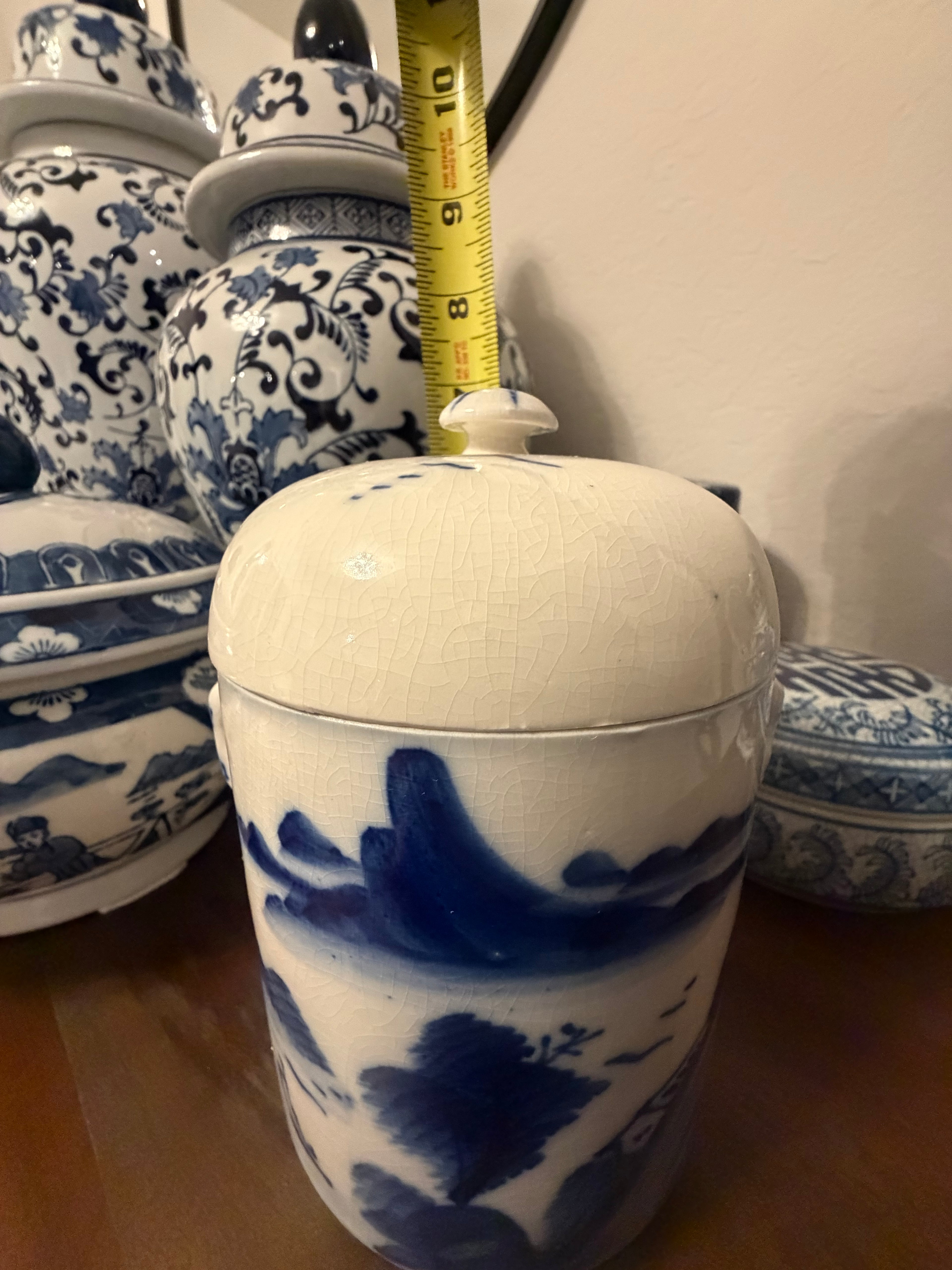 Chinese Blue & White Ceramic Tea Caddy with Landscape Scene & Inner Lid Vintage