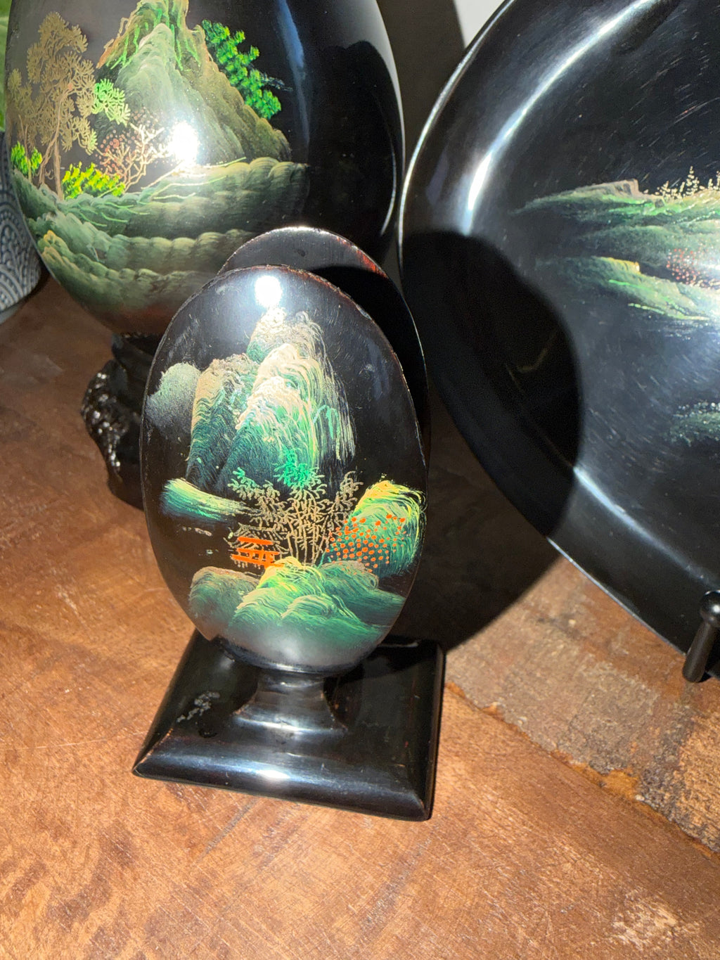 Chinese Black Lacquerware Set 7pc Fuzhou Shanshui Landscape Vase Tray Bowl Hand-Painted Export Decor 1960s–1980s