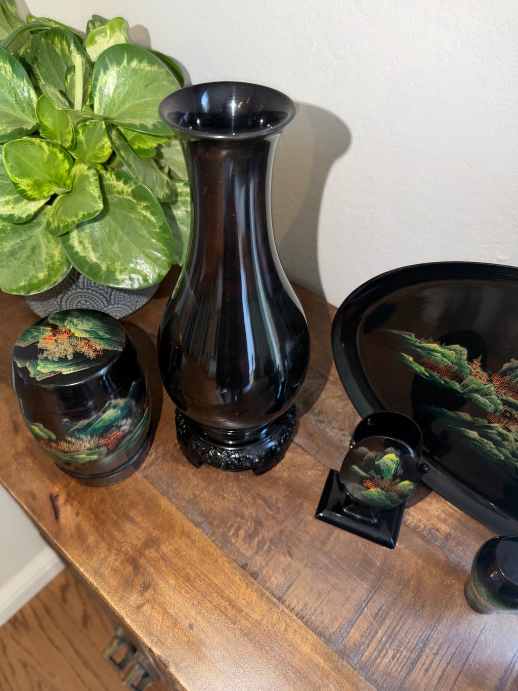 Chinese Black Lacquerware Set 7pc Fuzhou Shanshui Landscape Vase Tray Bowl Hand-Painted Export Decor 1960s–1980s