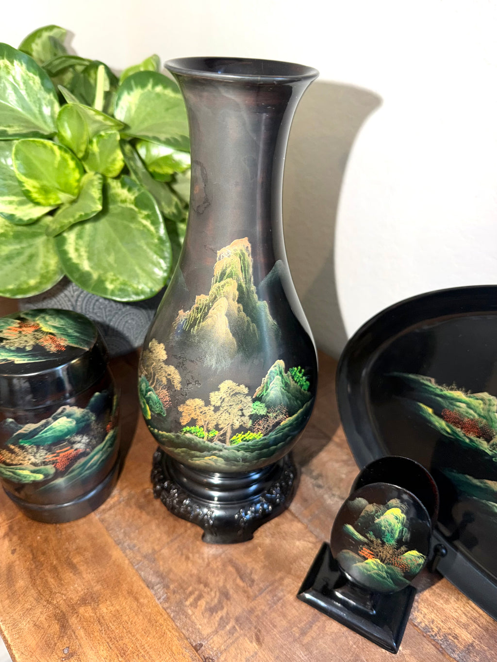 Chinese Black Lacquerware Set 7pc Fuzhou Shanshui Landscape Vase Tray Bowl Hand-Painted Export Decor 1960s–1980s
