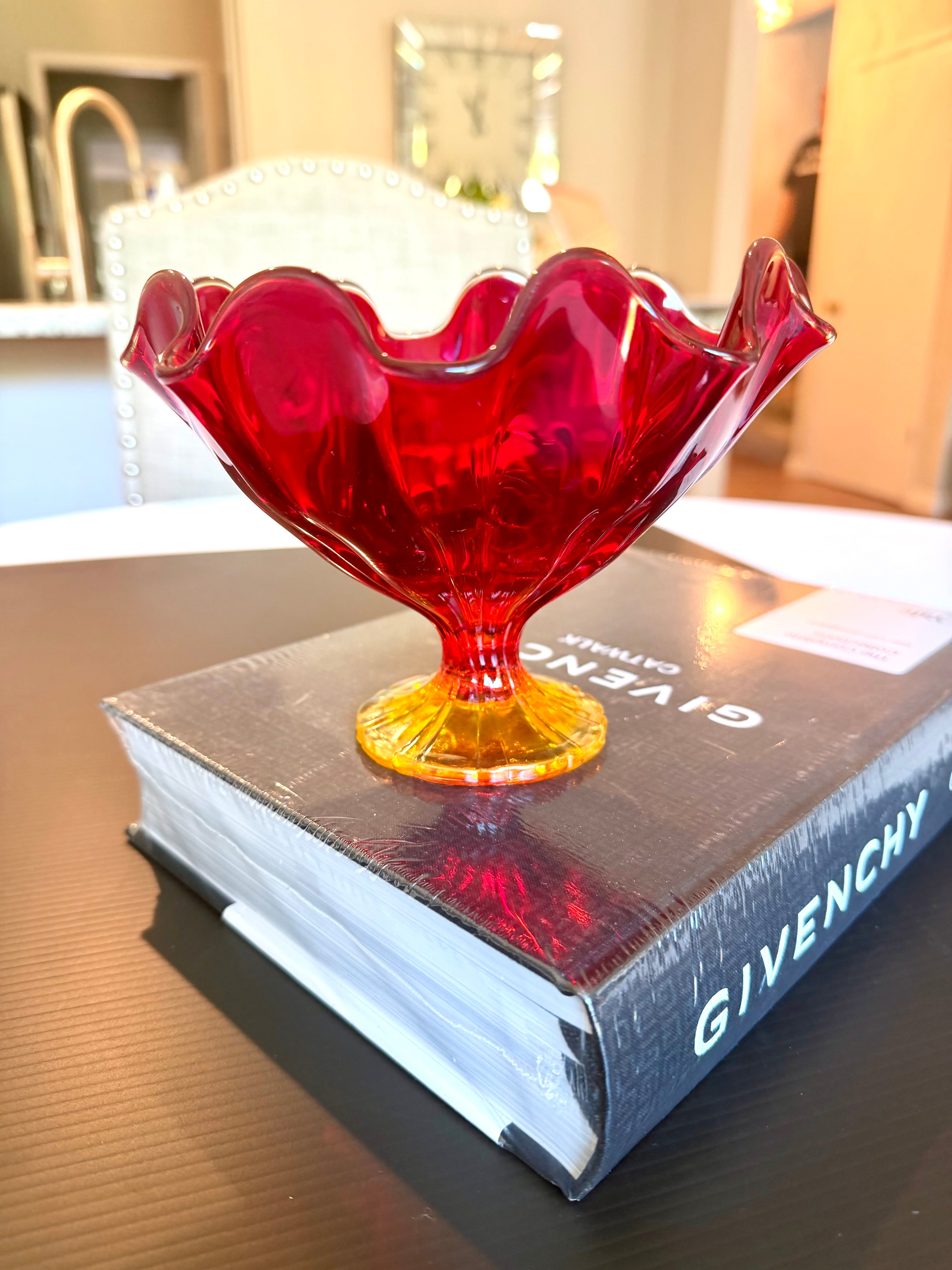 Ruby Red & Amber Art Glass Pedestal Bowl Compote Vintage