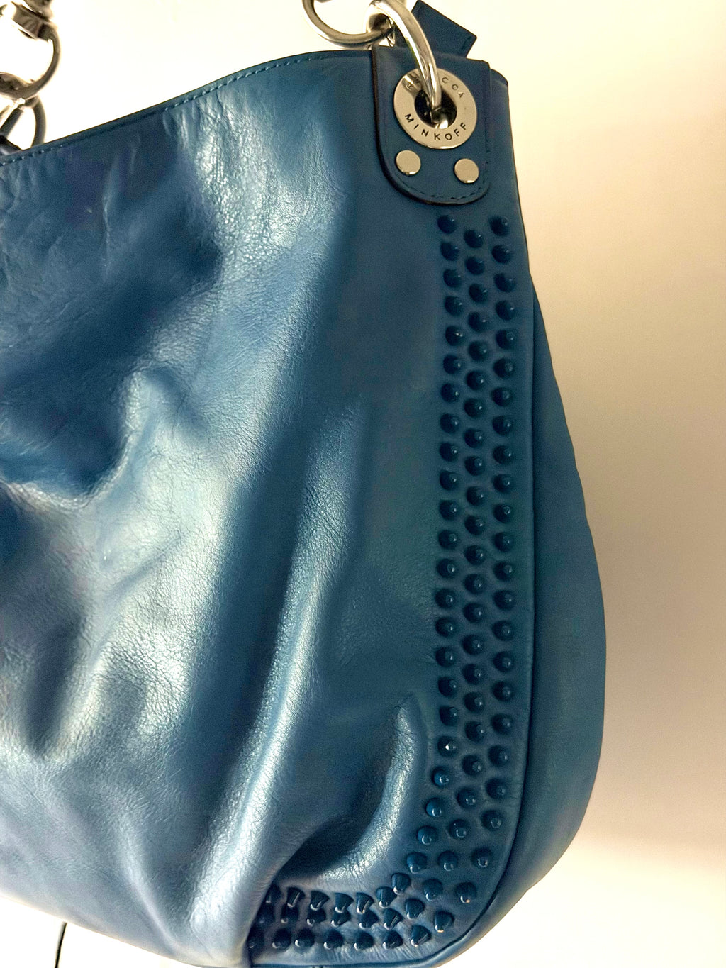 Rebecca Minkoff Blue Leather Studded Hobo Shoulder Bag | Chain Strap Designer Purse