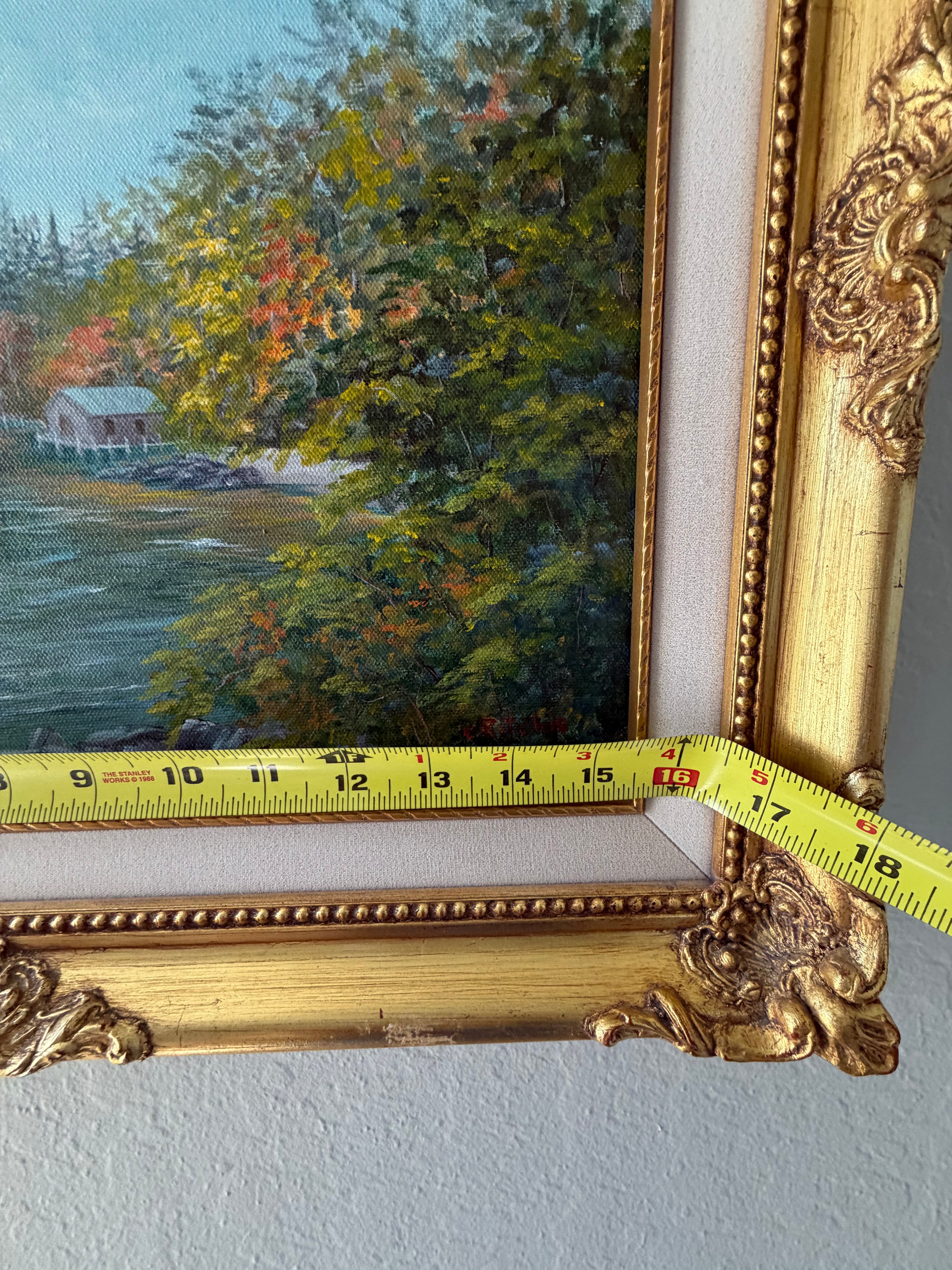 Signed Original Oil Painting — Autumn Lakeside Landscape by C. Ritchie — Ornate Gold Gilt Frame Vintage