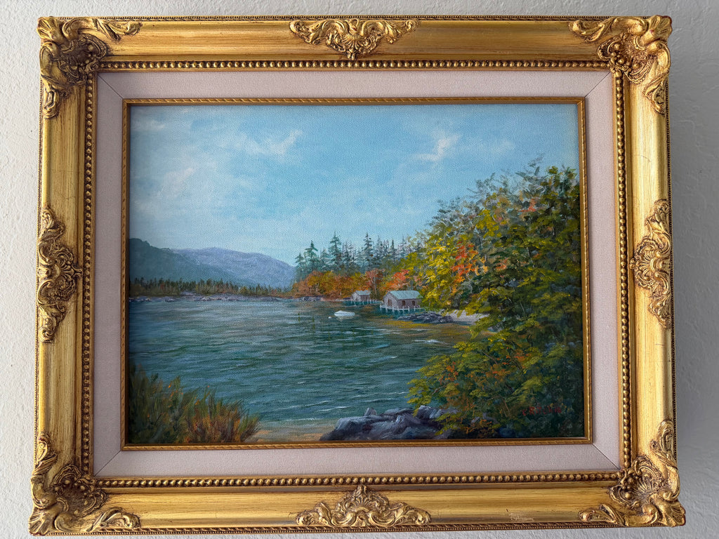 Signed Original Oil Painting — Autumn Lakeside Landscape by C. Ritchie — Ornate Gold Gilt Frame Vintage