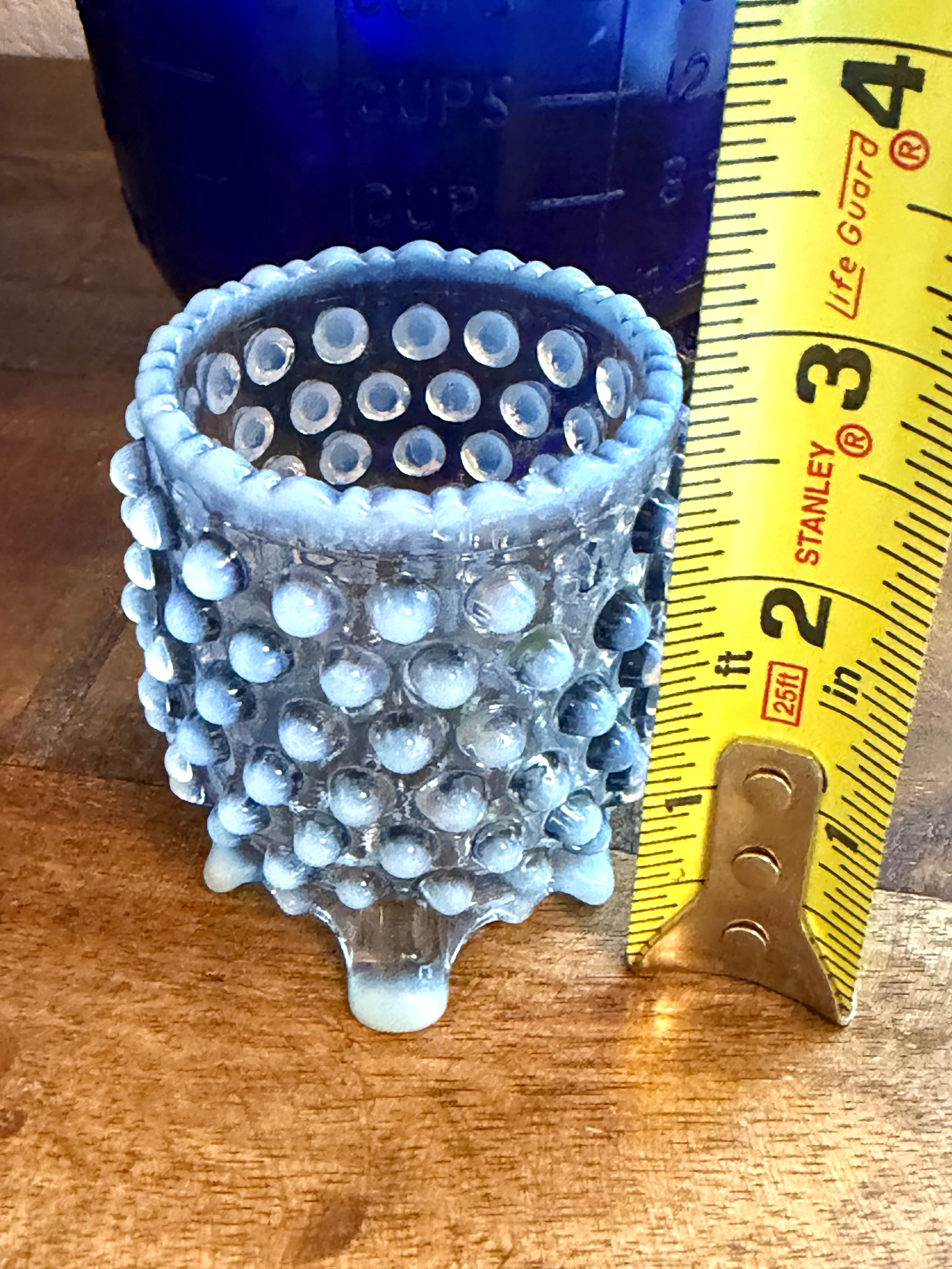 Blue Hobnail Opalescent Toothpick Holder / Mini Vase Vintage