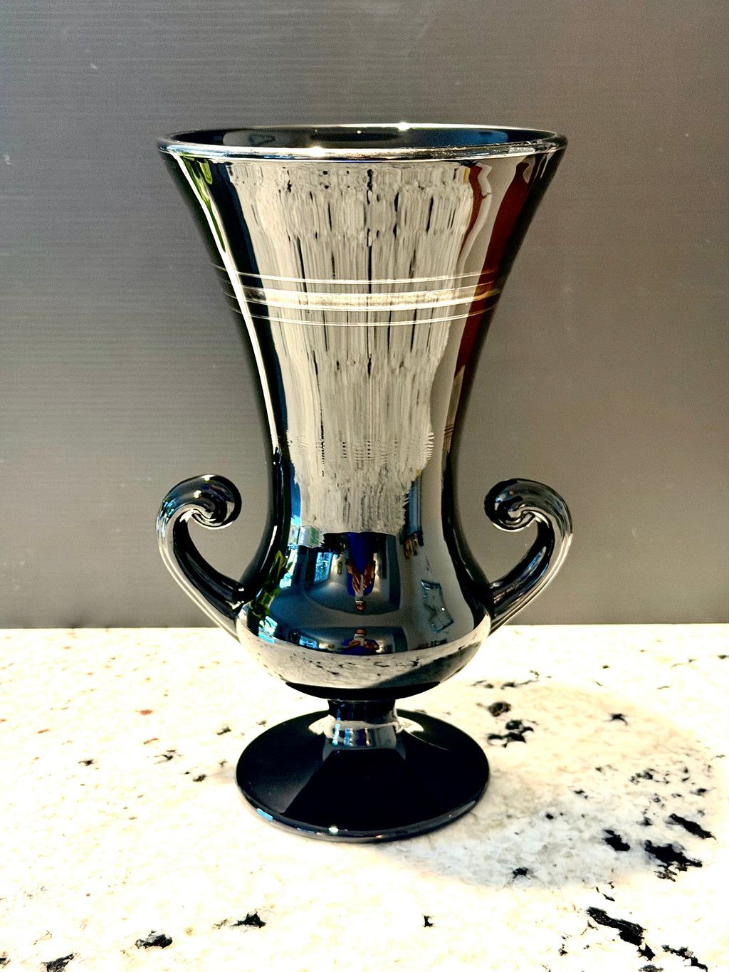 Black Amethyst Glass Trophy Vase With Silver Overlay Handles