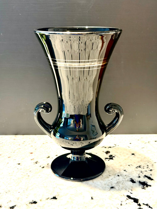 Black Amethyst Glass Trophy Vase With Silver Overlay Handles