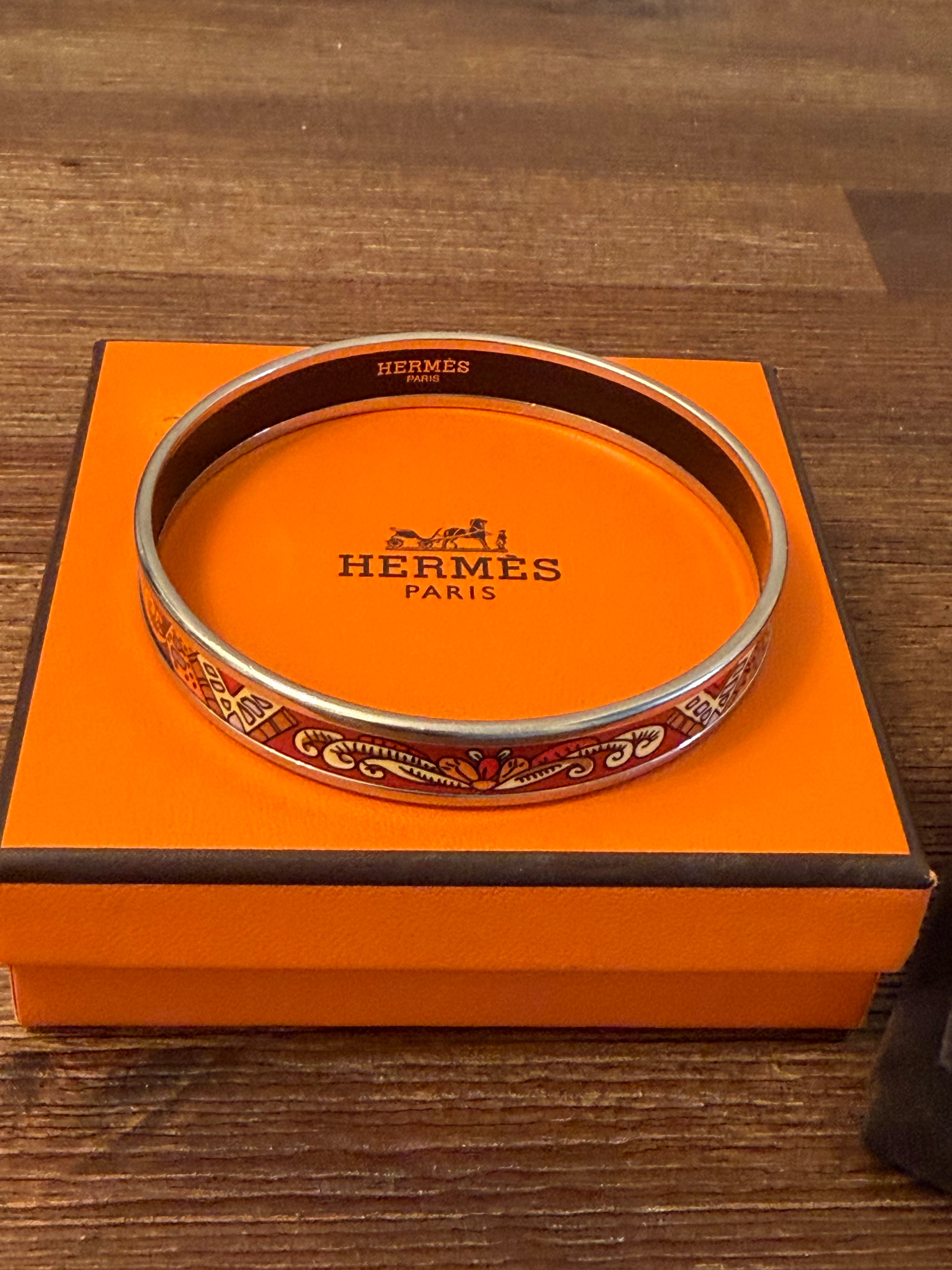 Hermès Enamel Bangle Bracelet Multicolor Equestrian Print Palladium Tone