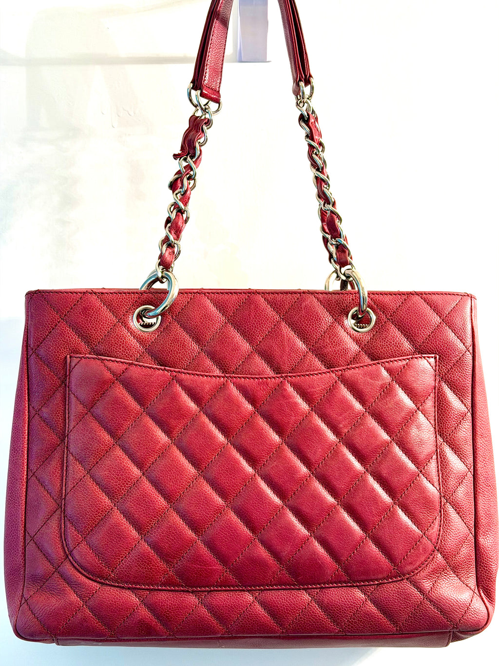 Chanel Red Quilted Caviar Leather Tote Bag with Chain Handles, Made in Italy