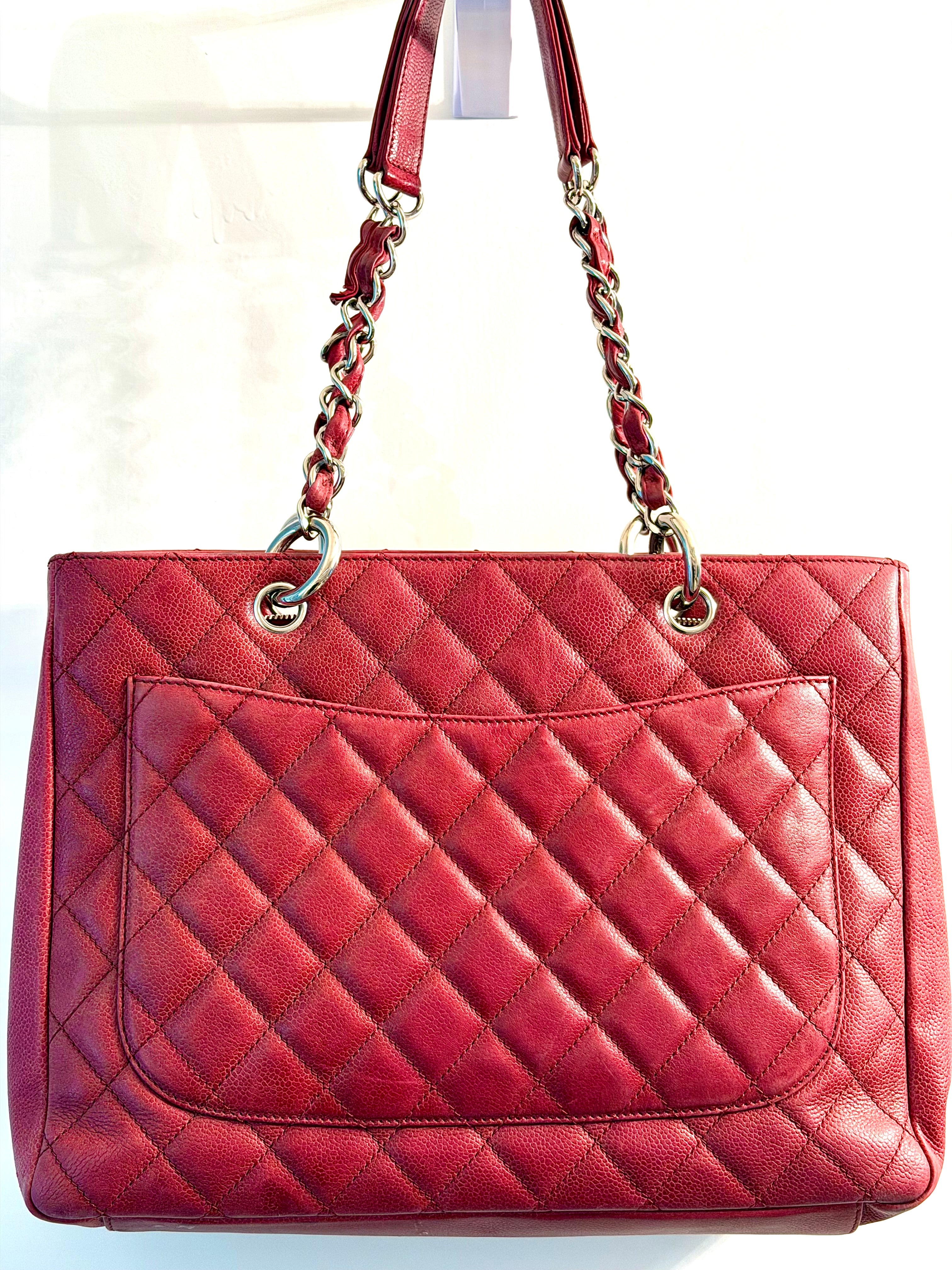 Chanel Red Quilted Caviar Leather Tote Bag with Chain Handles, Made in Italy
