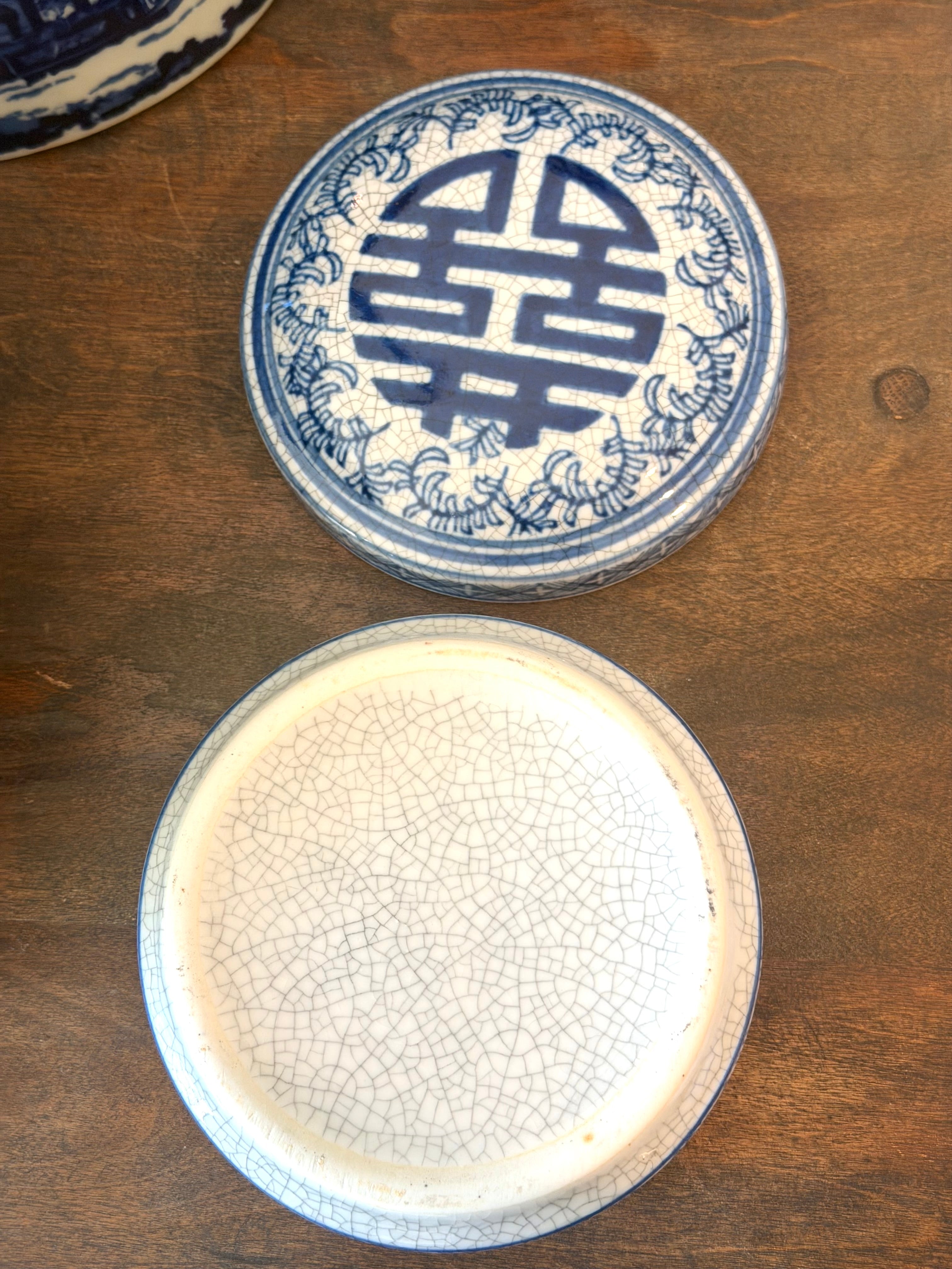 Chinese Blue and White Porcelain Lidded Box Crackle Glaze Longevity Symbol Chinoiserie Decor Vintage