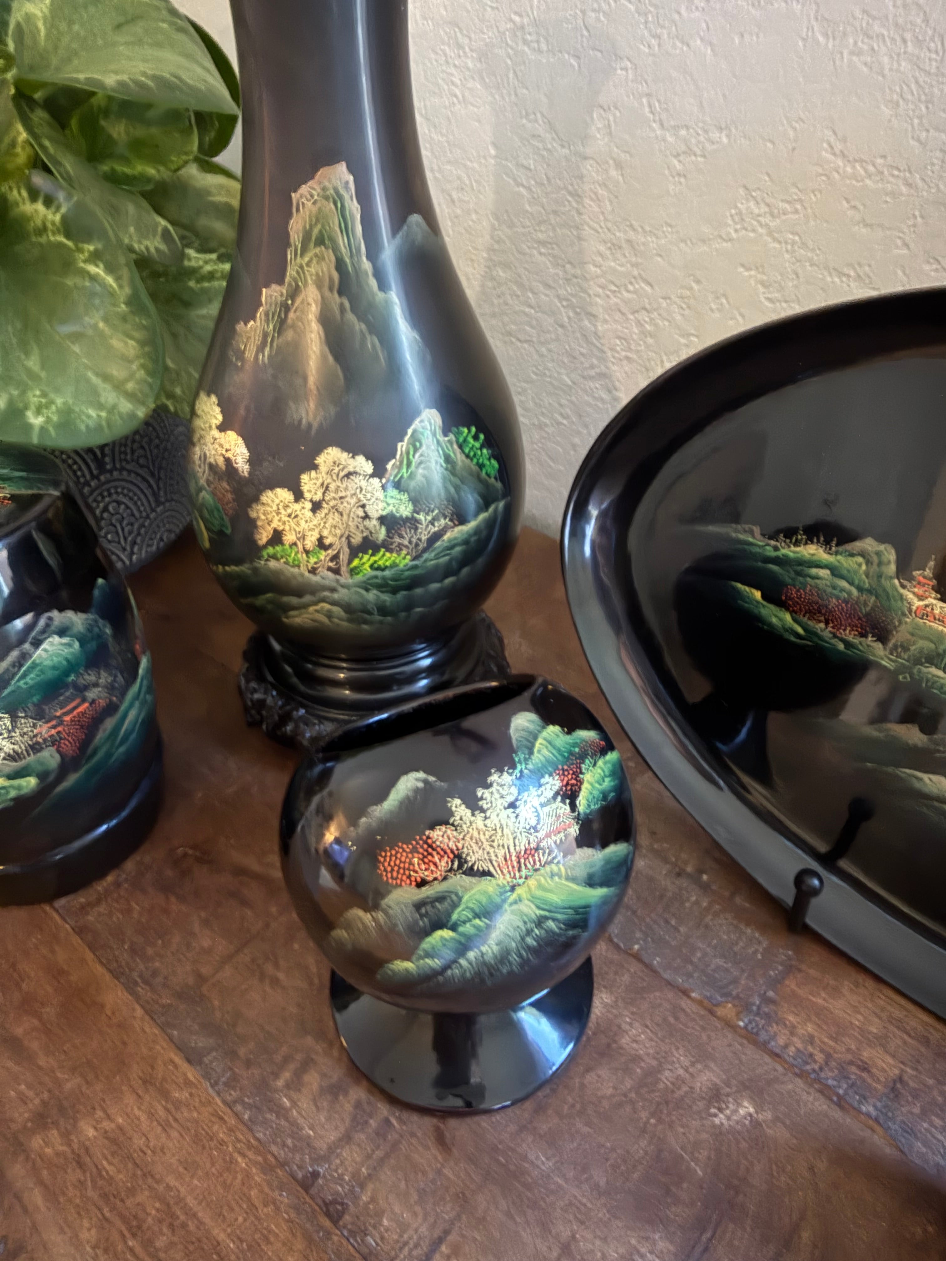 Chinese Black Lacquerware Set 7pc Fuzhou Shanshui Landscape Vase Tray Bowl Hand-Painted Export Decor 1960s–1980s