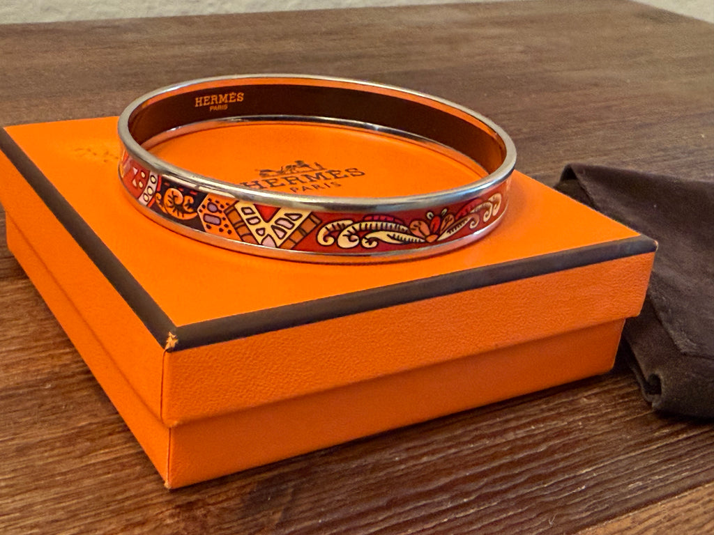 Hermès Enamel Bangle Bracelet Multicolor Equestrian Print Palladium Tone