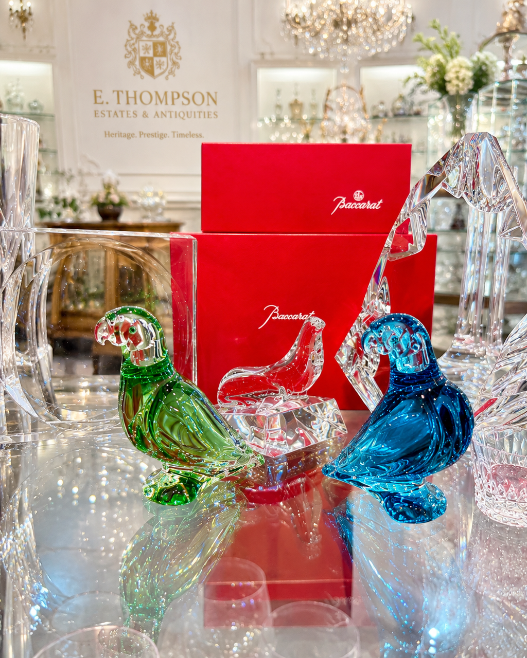 Double Signed Emerald & Turquoise Crystal Bird Sculptures – Pair