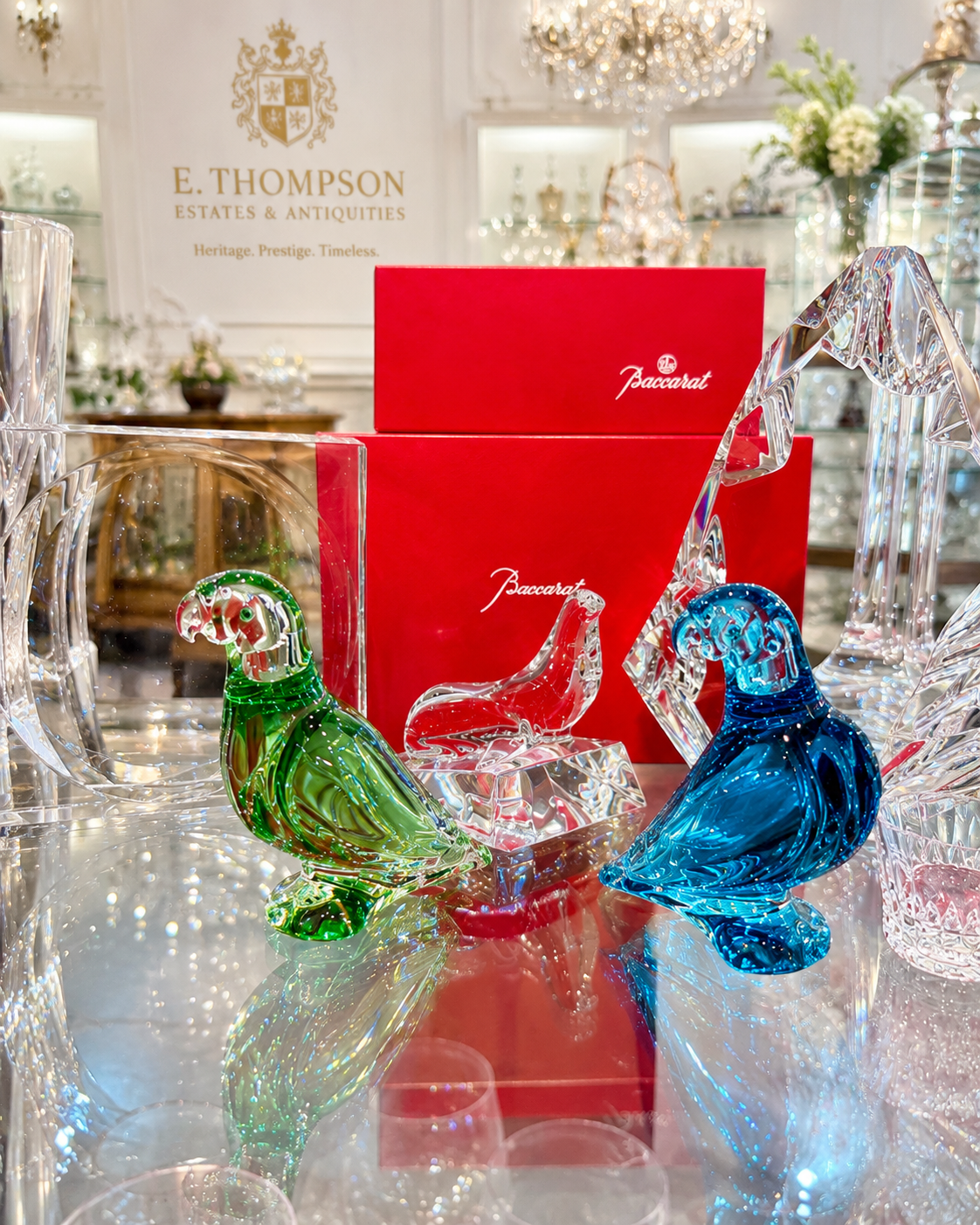 Double Signed Emerald & Turquoise Crystal Bird Sculptures – Pair