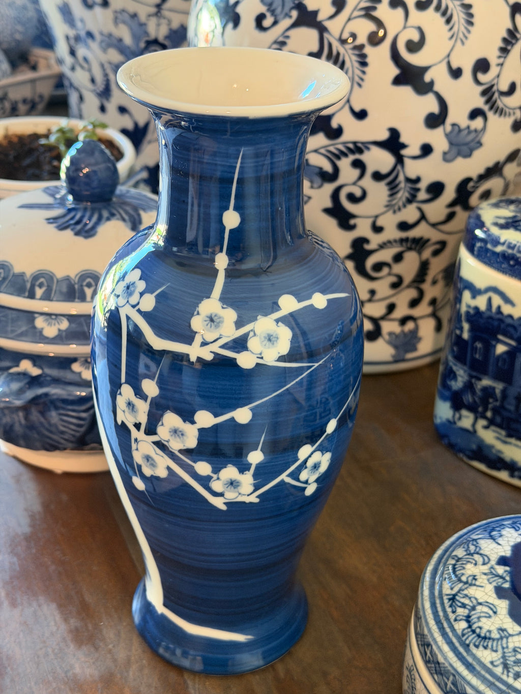 Chinese Blue & White Porcelain Vase — Prunus Blossom — Cobalt Cobalt Glazed — 10" — Mid-Century 