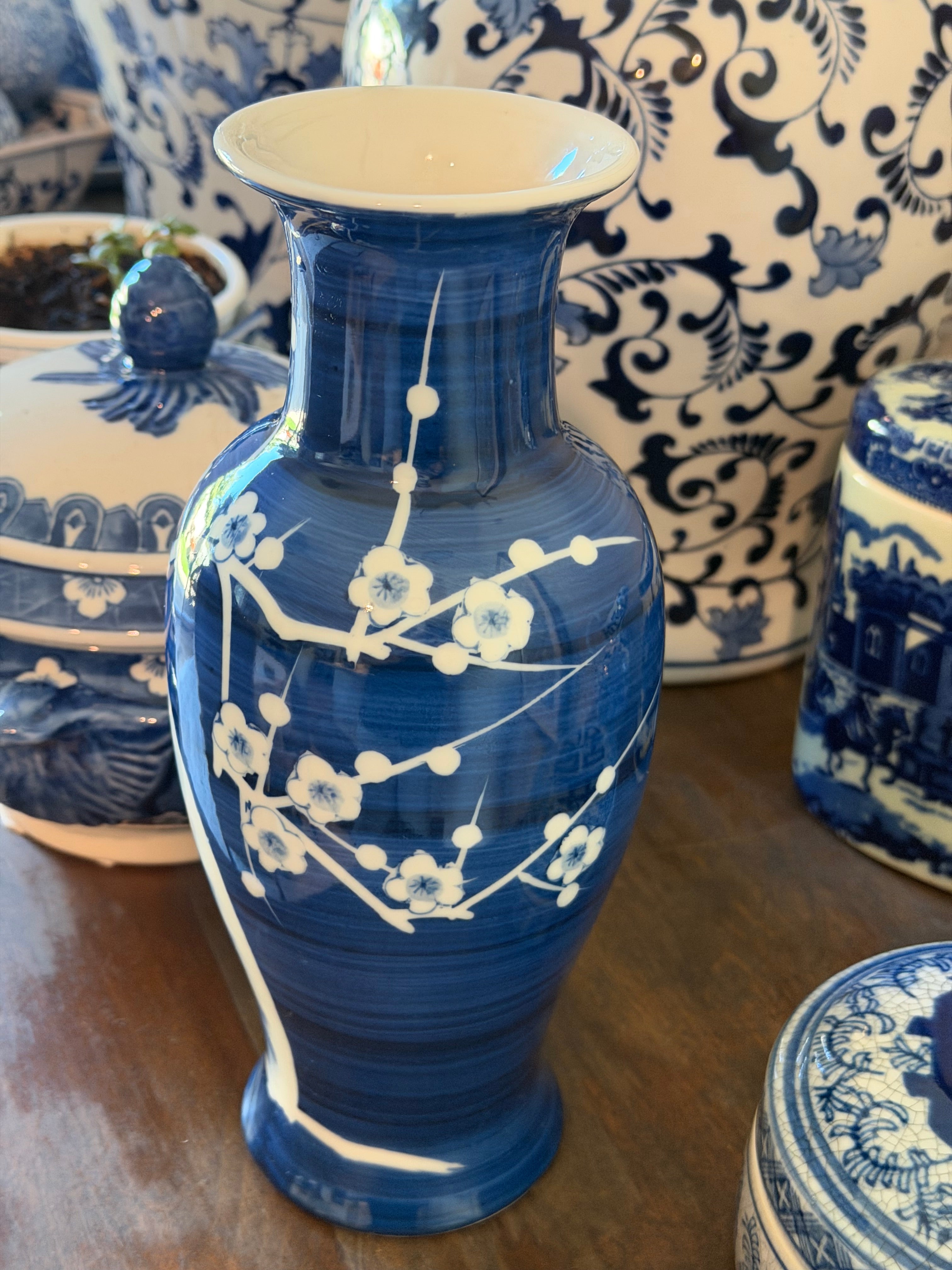 Chinese Blue & White Porcelain Vase — Prunus Blossom — Cobalt Cobalt Glazed — 10" — Mid-Century 