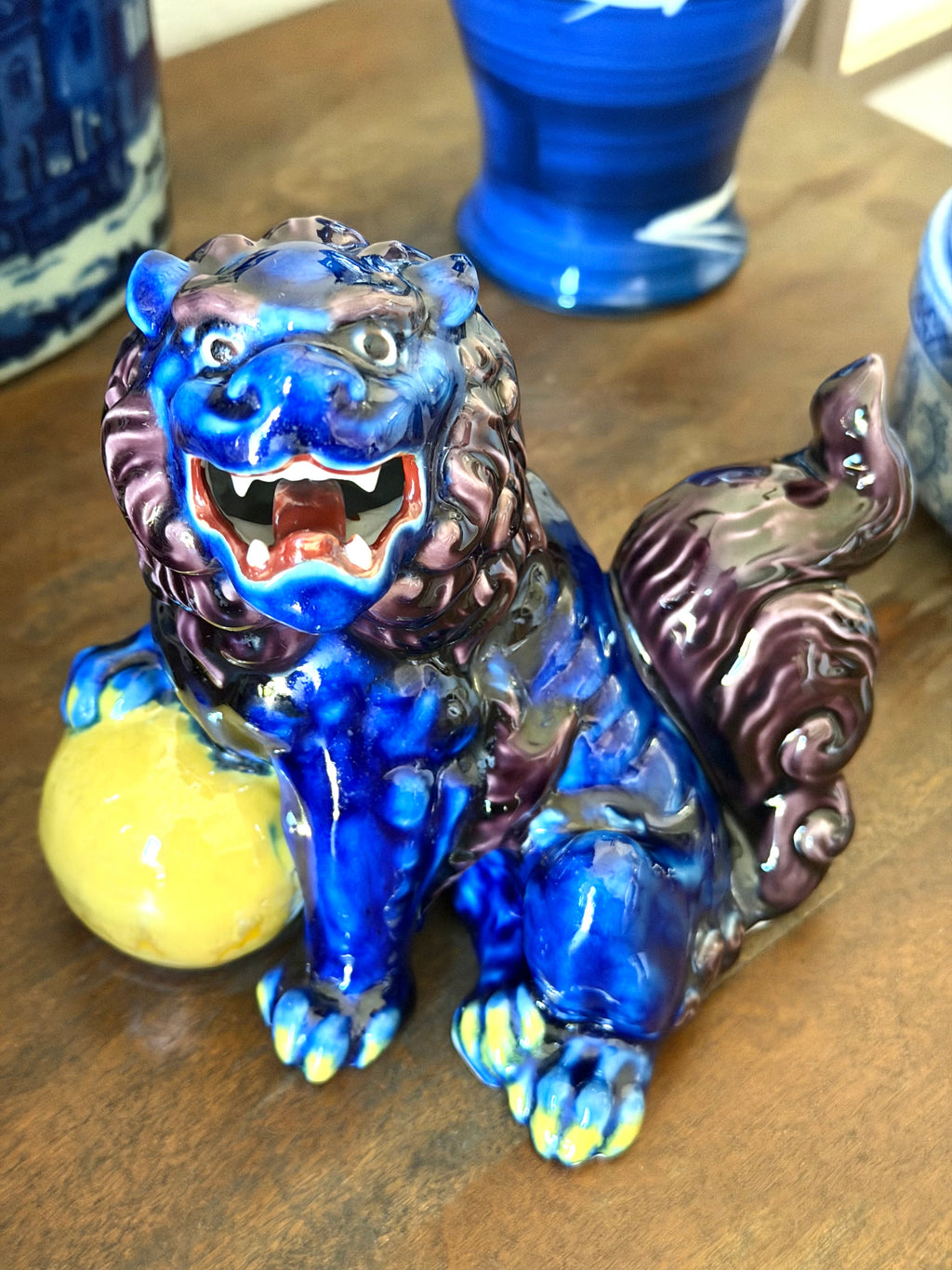 Chinese Foo Dog Guardian Lion Figurine Blue Flambe Glaze Ceramic Statue Lucky Orb Vintage