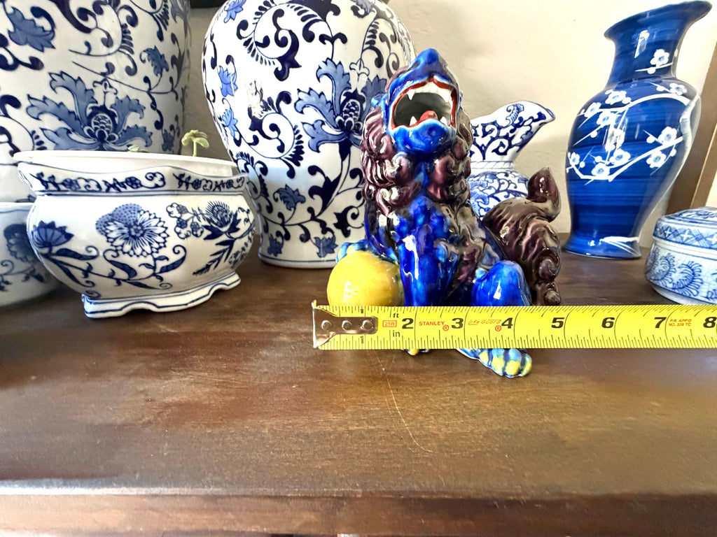 Chinese Foo Dog Guardian Lion Figurine Blue Flambe Glaze Ceramic Statue Lucky Orb Vintage