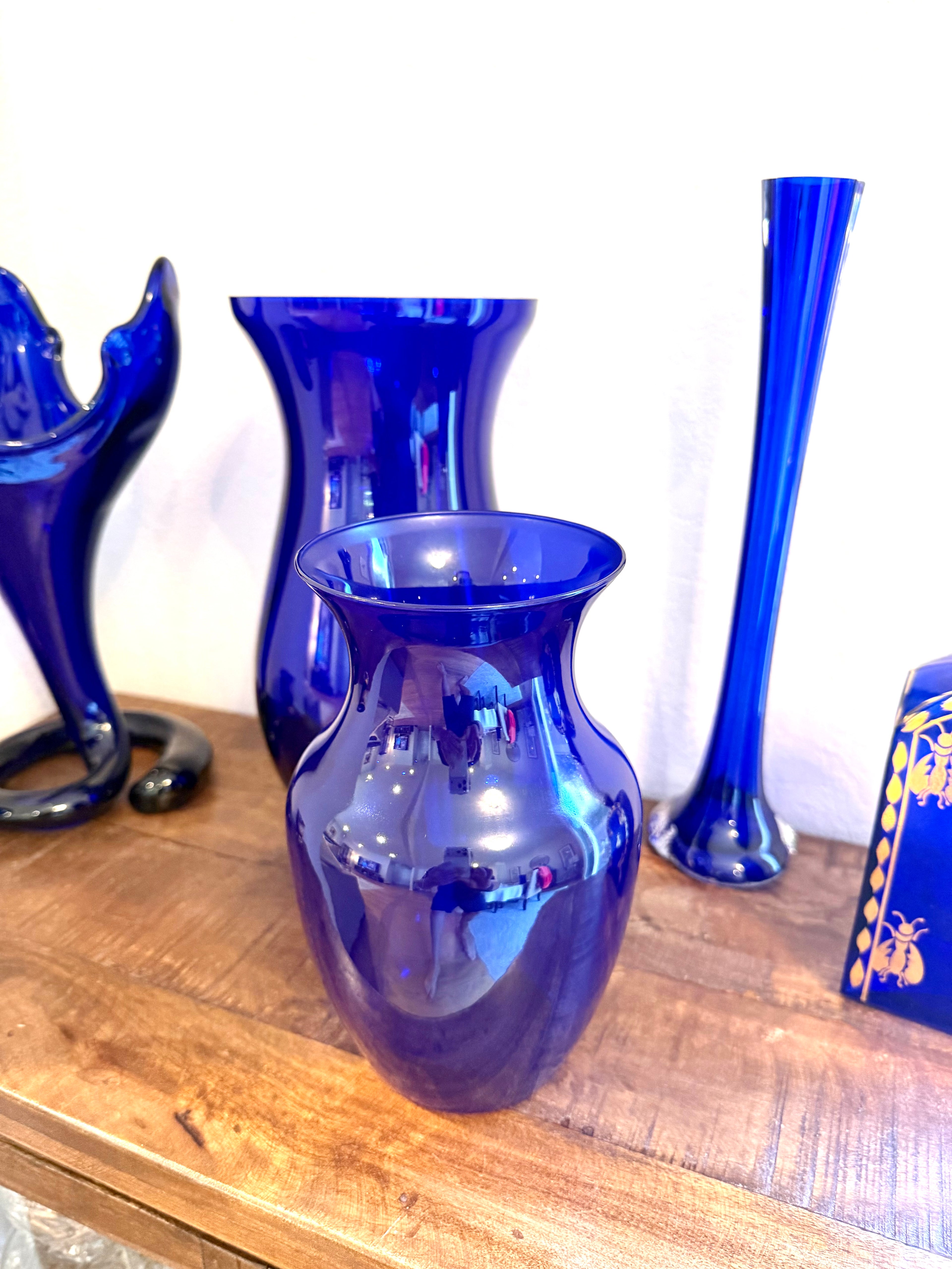 Cobalt Blue Art Glass Vase Hand Blown Bristol Blue MCM 9” Tall Vintage