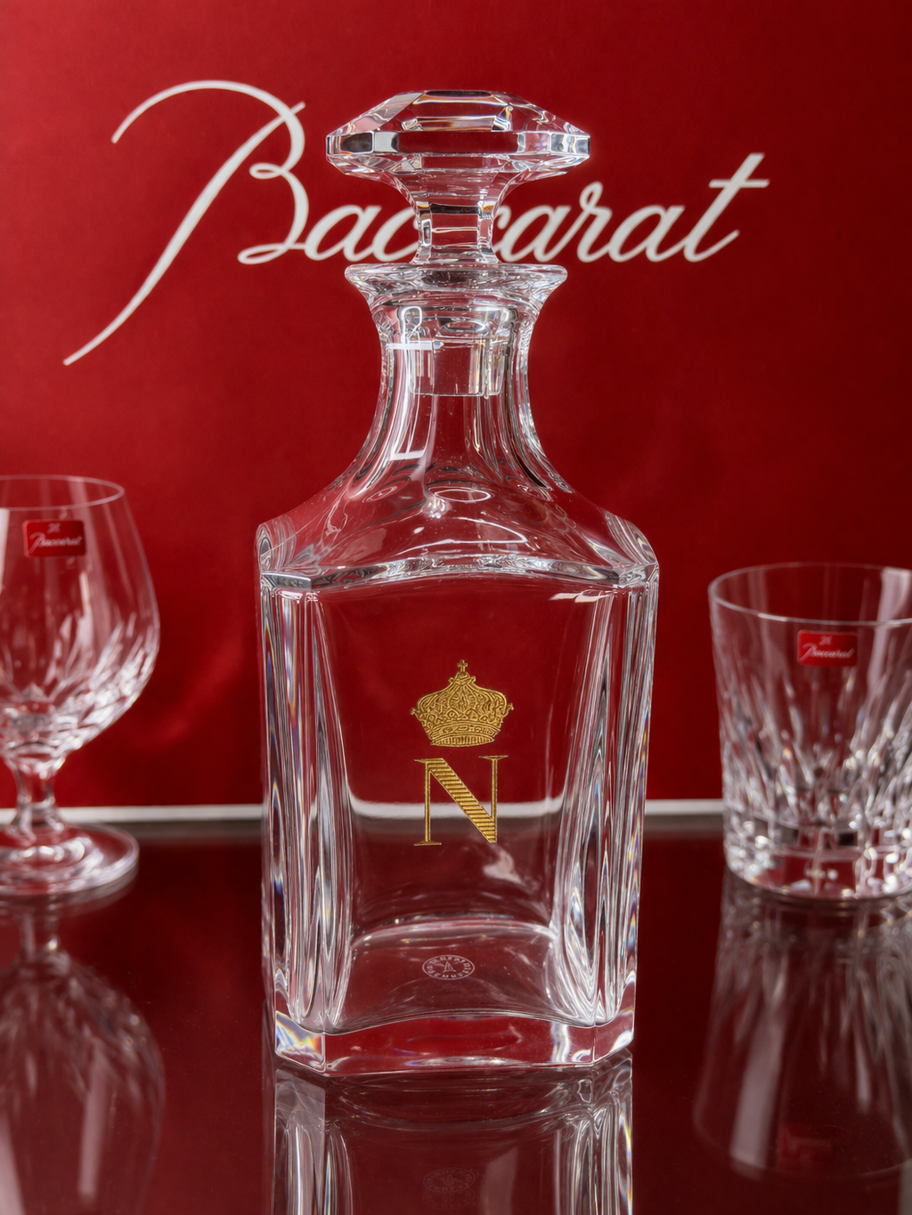 Baccarat Crystal Decanter w/ Monogram & Crown + Baccarat Box + Brandy with Box