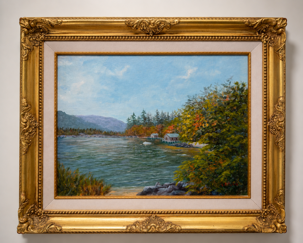 Signed Original Oil Painting — Autumn Lakeside Landscape by C. Ritchie — Ornate Gold Gilt Frame Vintage