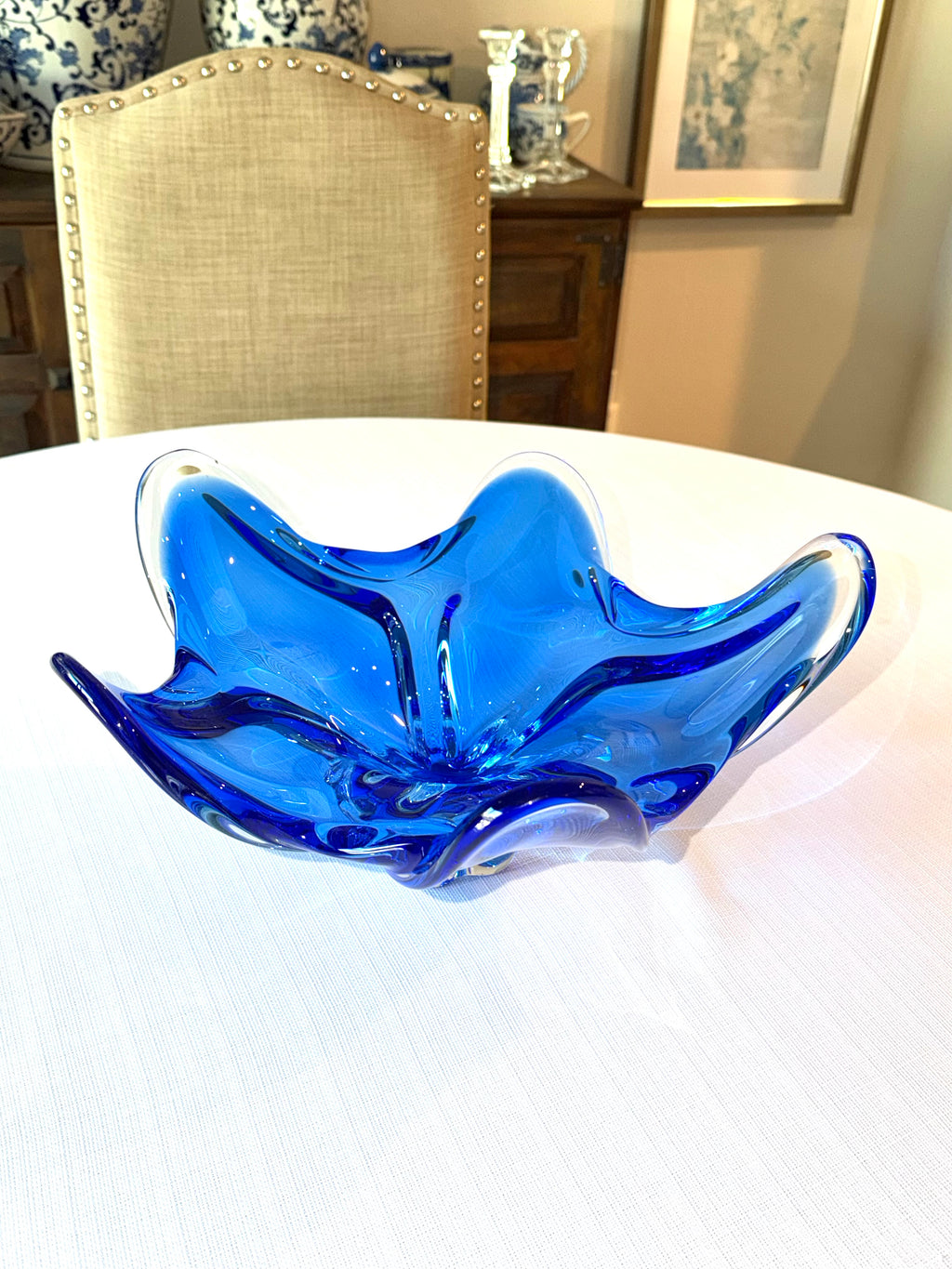 Italian Murano Style Cobalt Blue Freeform Art Glass Centerpiece Bowl, 14” Vintage