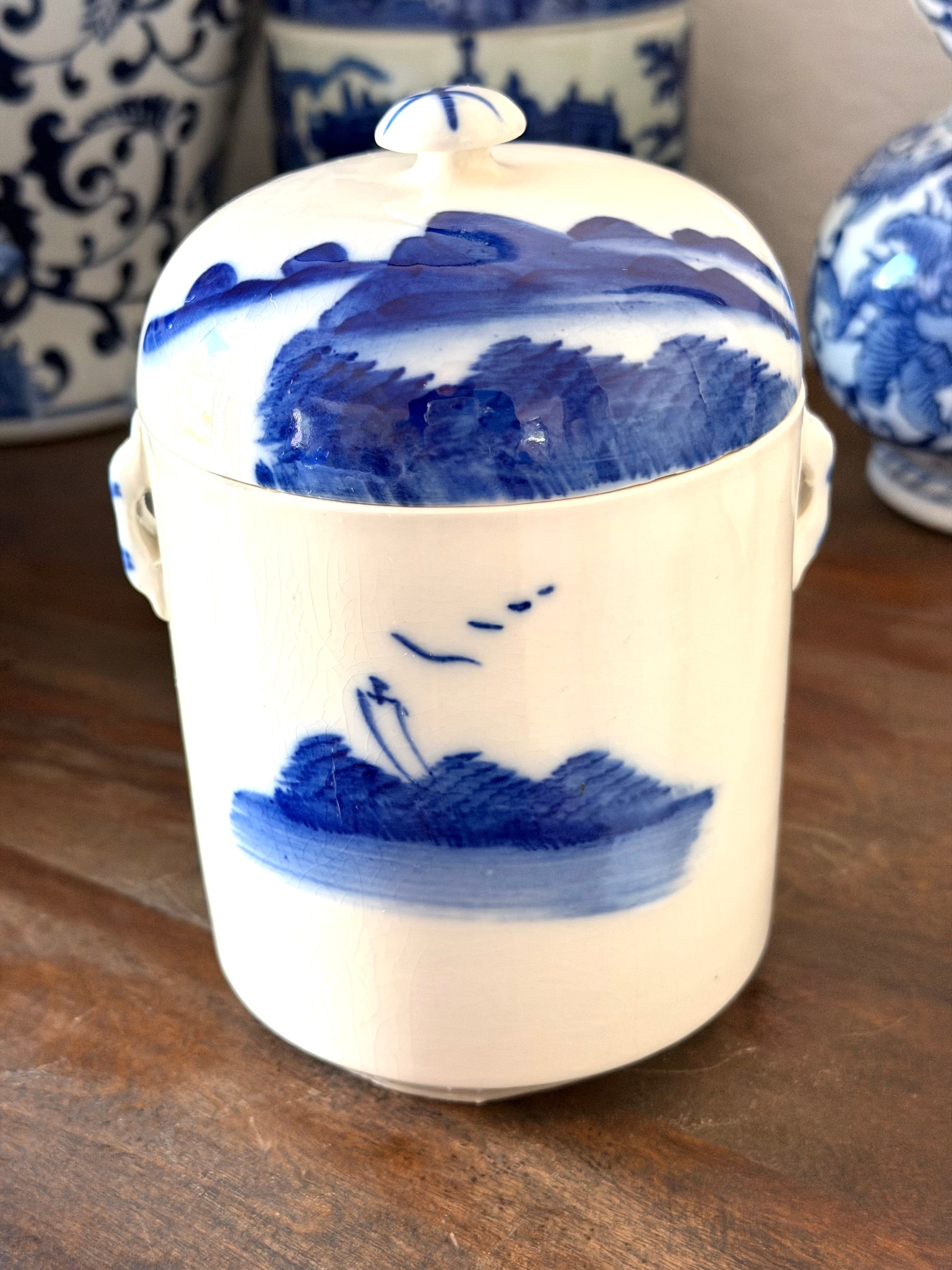 Chinese Blue & White Ceramic Tea Caddy with Landscape Scene & Inner Lid Vintage