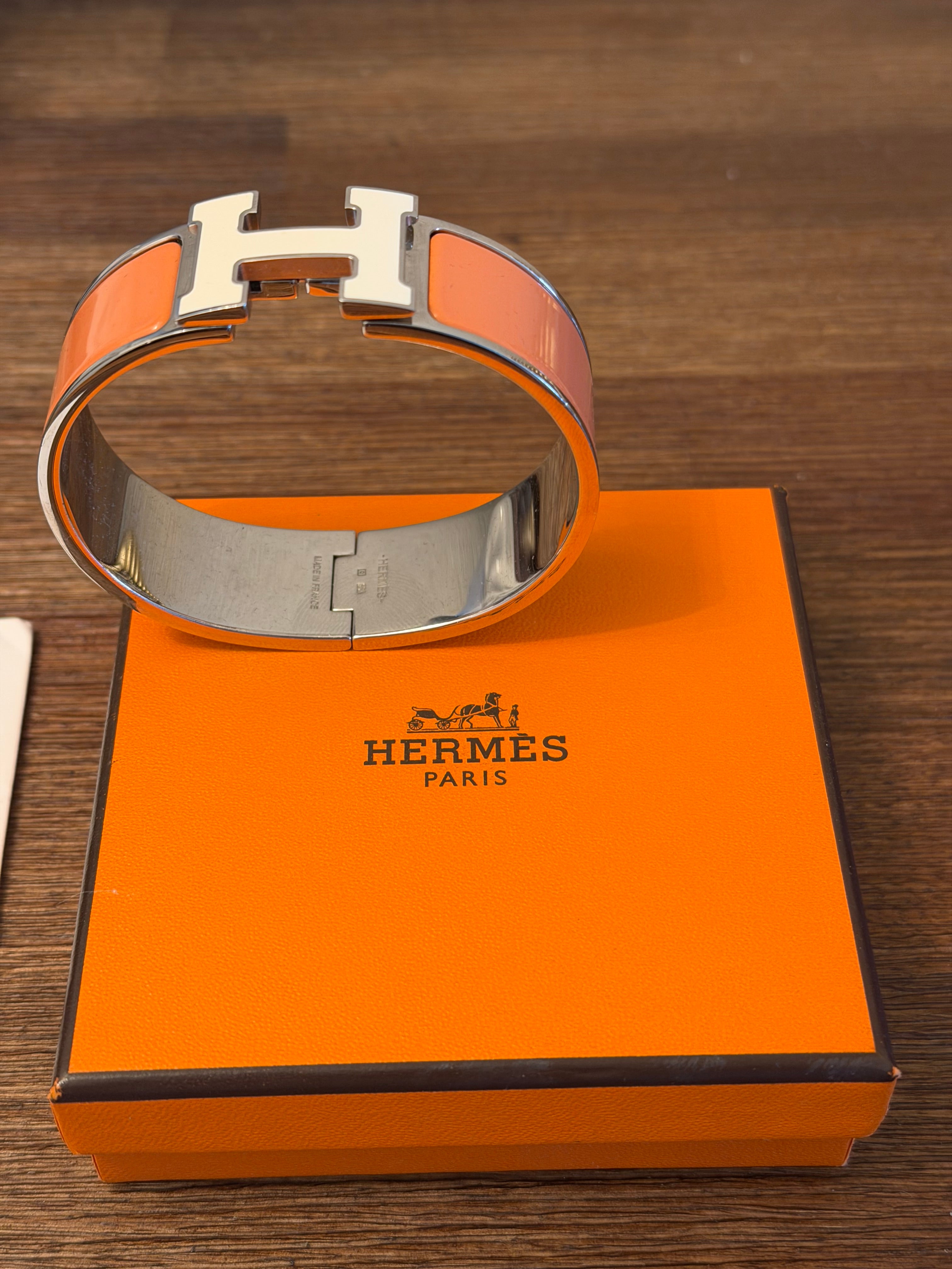 Hermès Clic Clac H Bracelet PM Orange Enamel Palladium Plated with Box