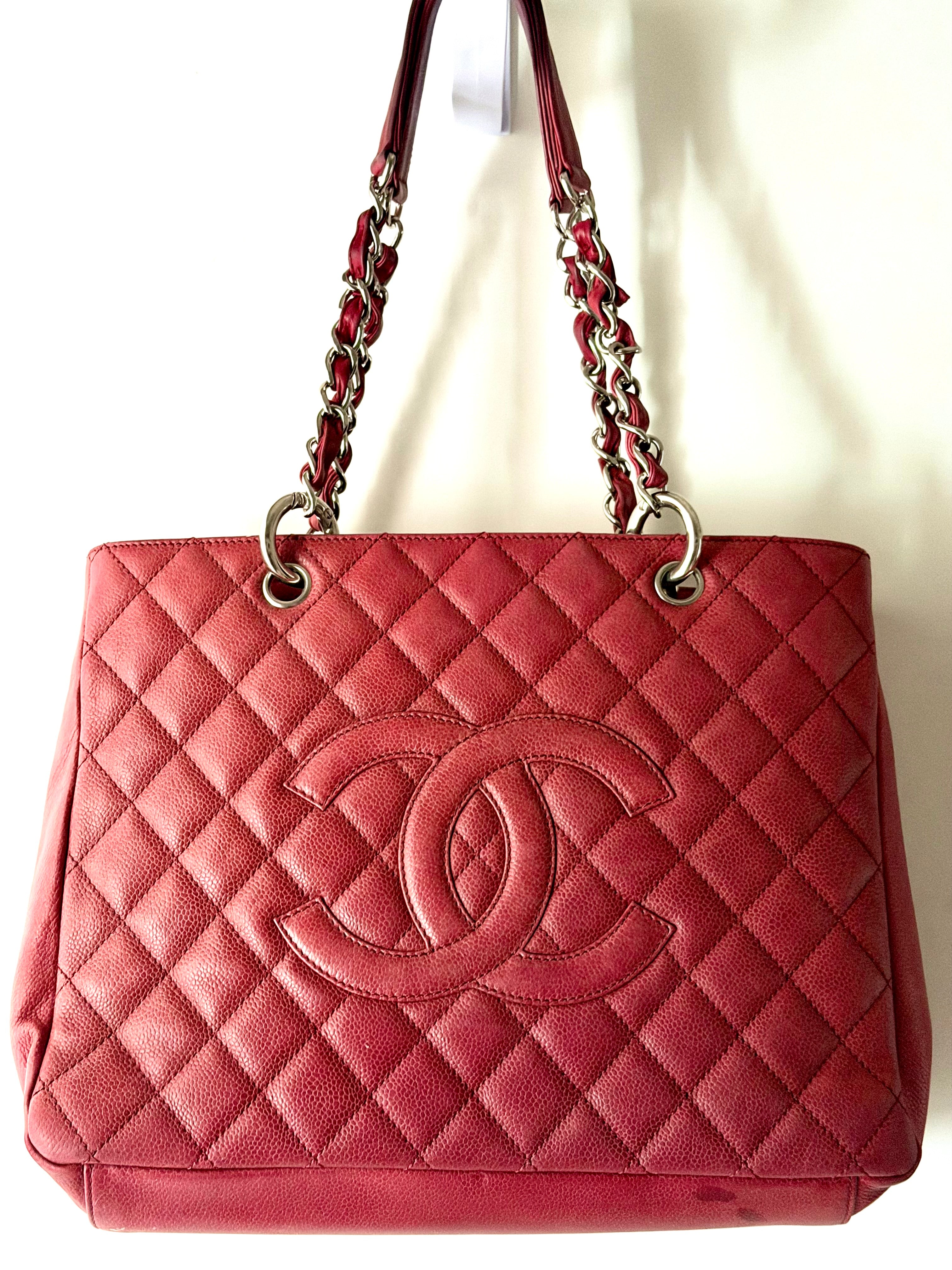 Chanel Red Quilted Caviar Leather Tote Bag with Chain Handles, Made in Italy
