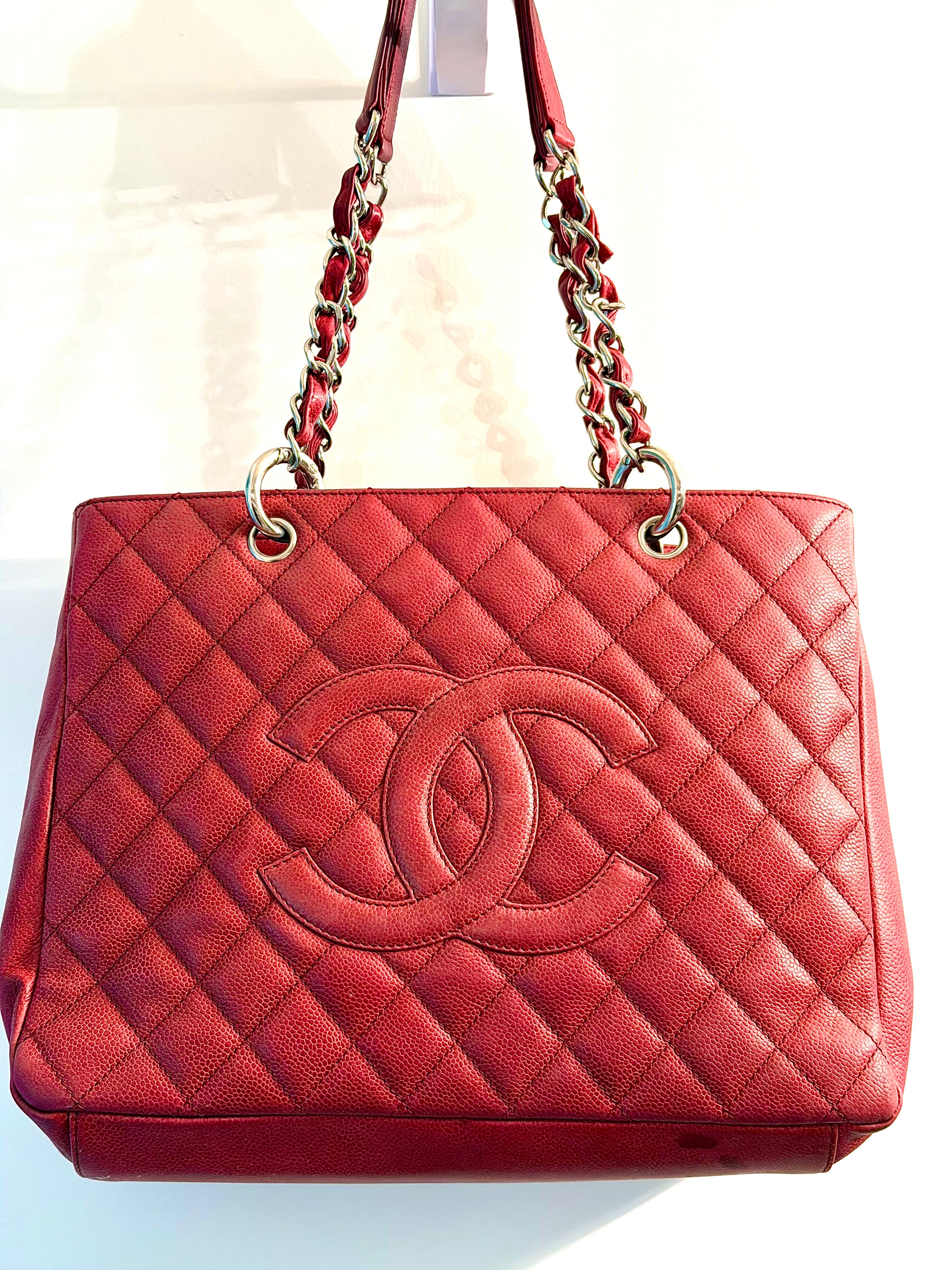 Chanel Red Quilted Caviar Leather Tote Bag with Chain Handles, Made in Italy