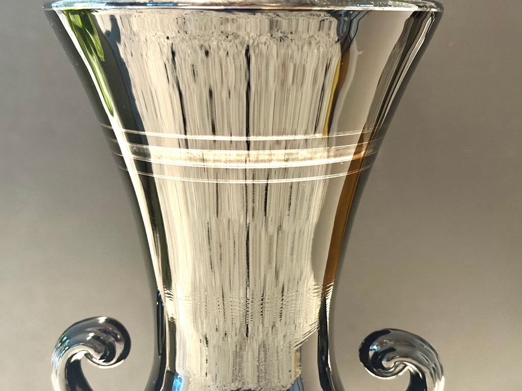 Black Amethyst Glass Trophy Vase With Silver Overlay Handles