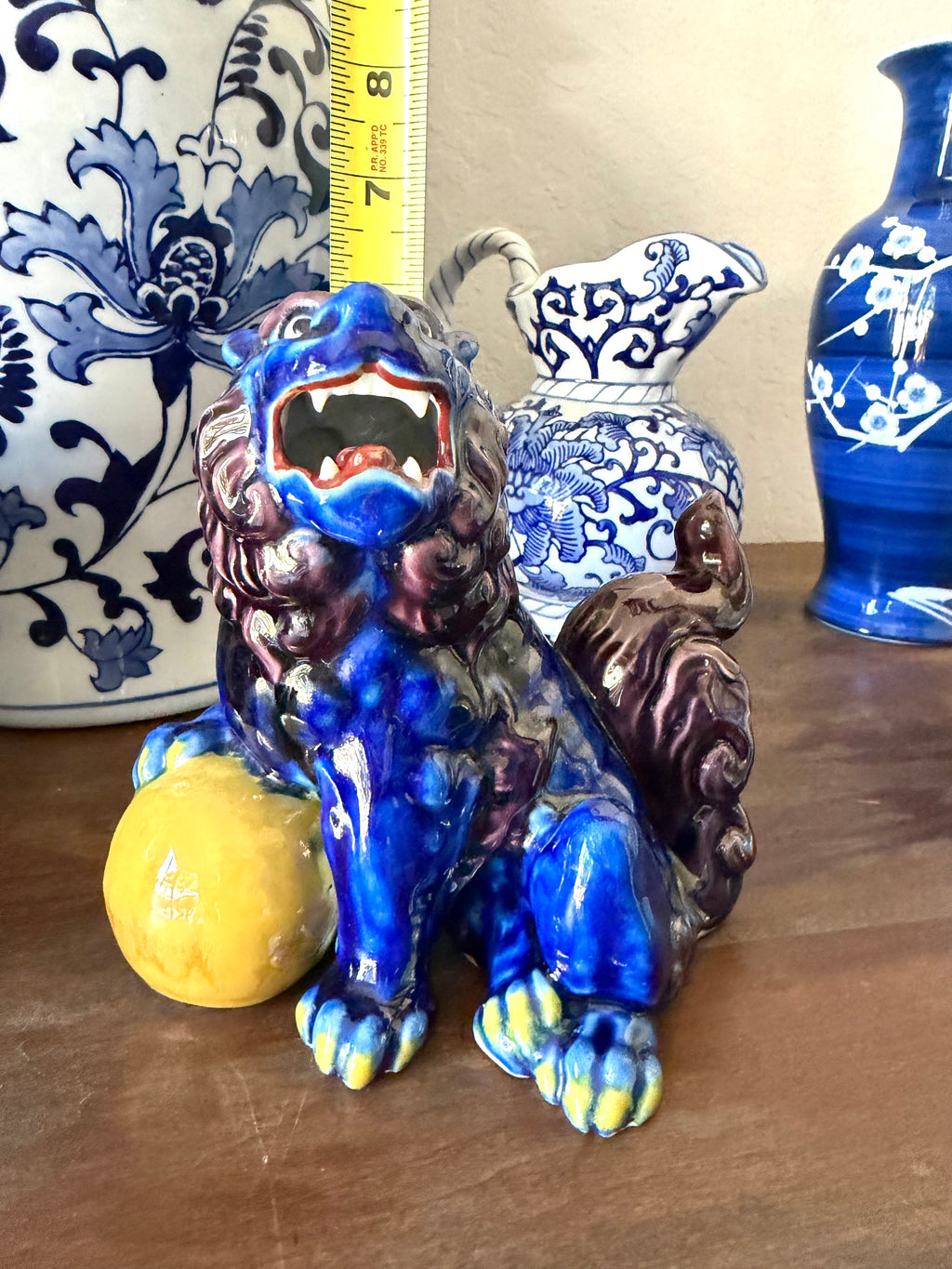 Chinese Foo Dog Guardian Lion Figurine Blue Flambe Glaze Ceramic Statue Lucky Orb Vintage