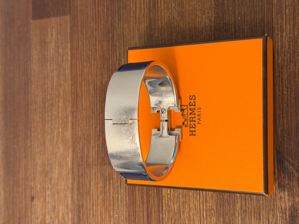 Hermès Clic Clac H Bracelet Blue Enamel Palladium Plated PM Bangle