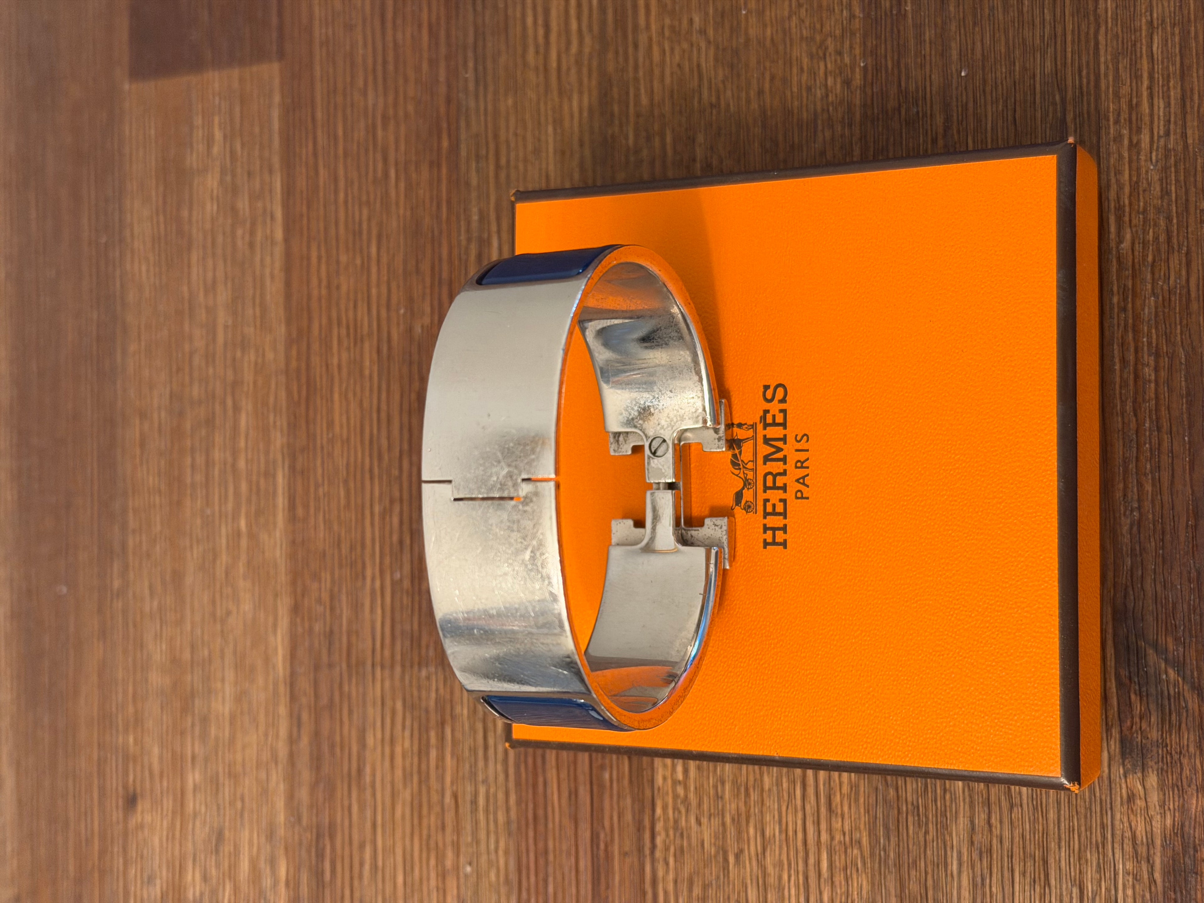Hermès Clic Clac H Bracelet Blue Enamel Palladium Plated PM Bangle