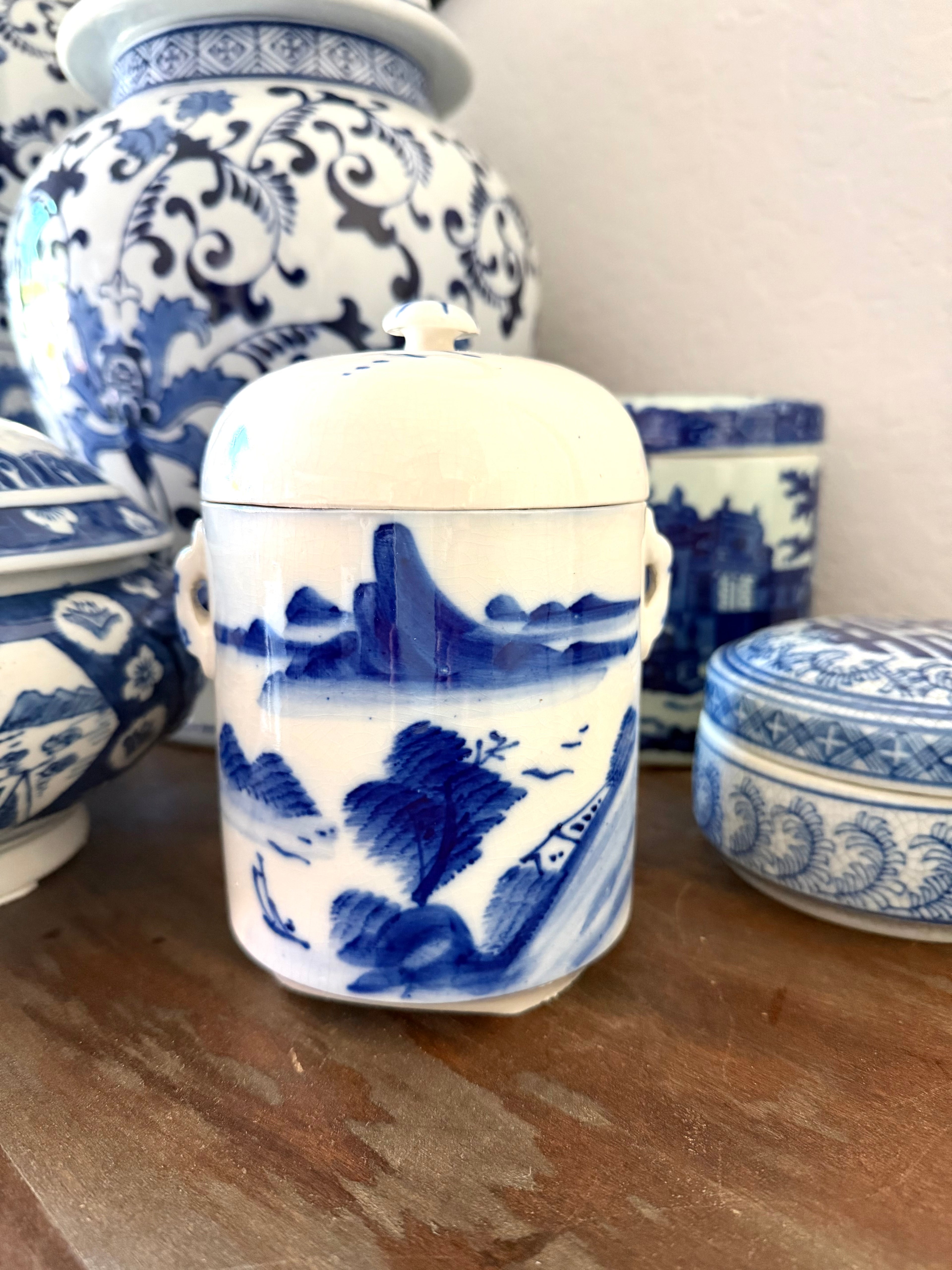 Chinese Blue & White Ceramic Tea Caddy with Landscape Scene & Inner Lid Vintage