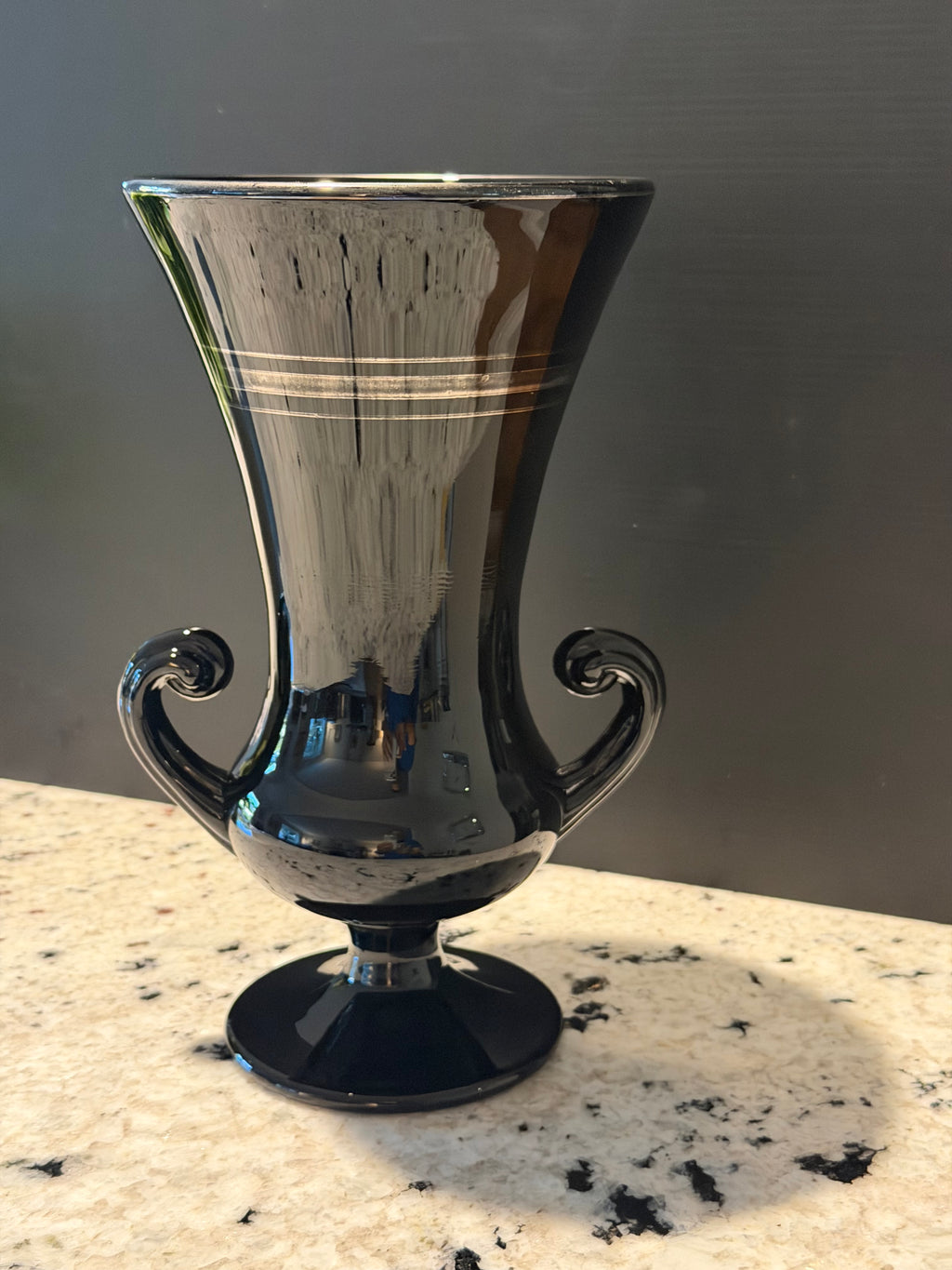 Black Amethyst Glass Trophy Vase With Silver Overlay Handles