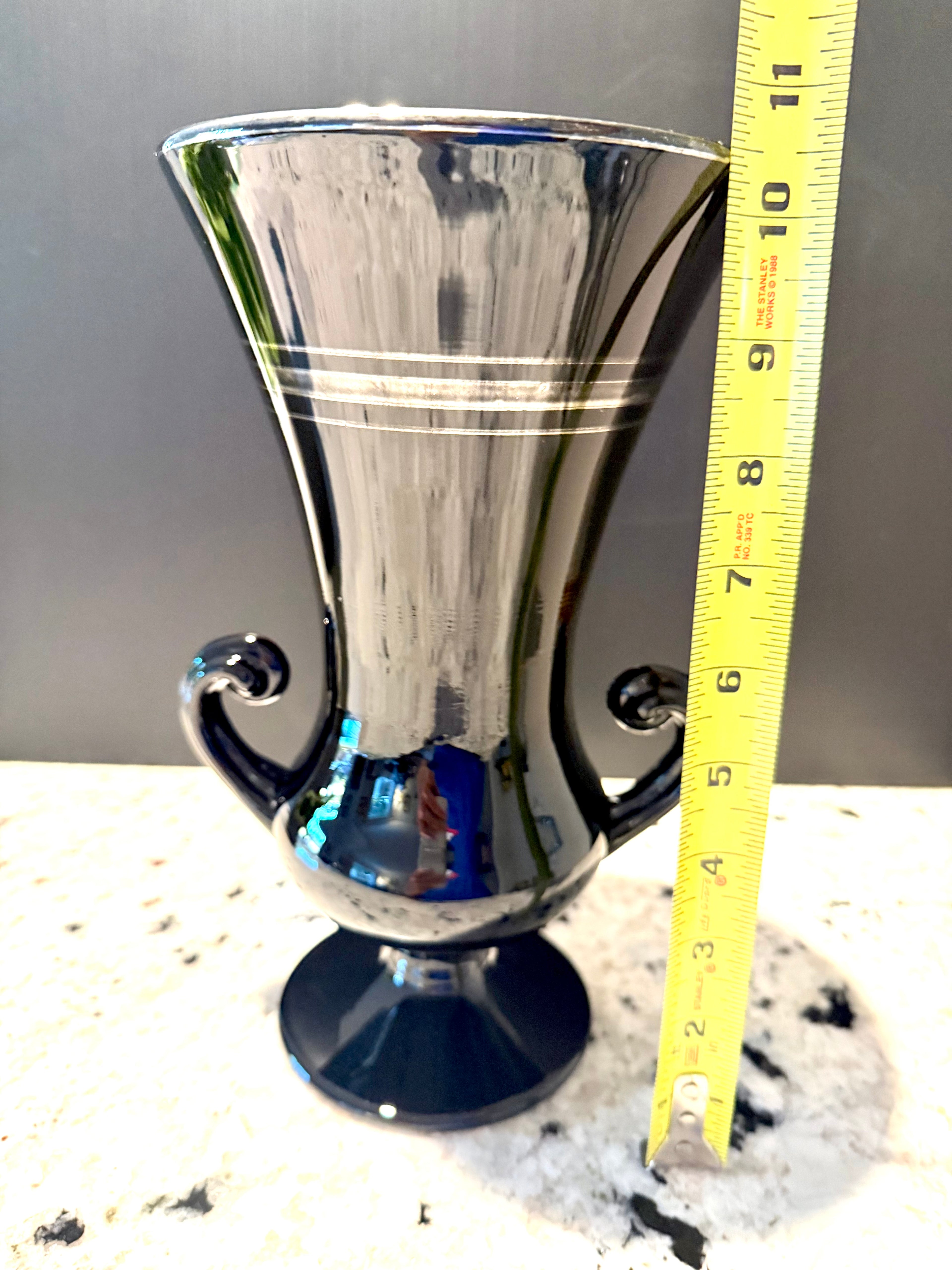 Black Amethyst Glass Trophy Vase With Silver Overlay Handles