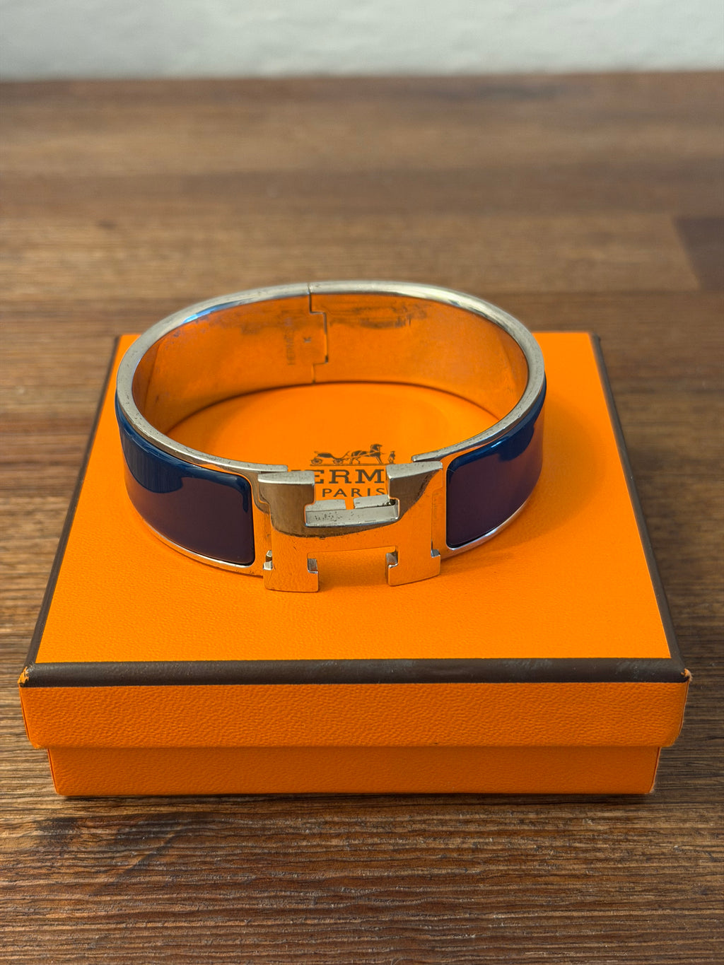 Hermès Clic Clac H Bracelet Blue Enamel Palladium Plated PM Bangle