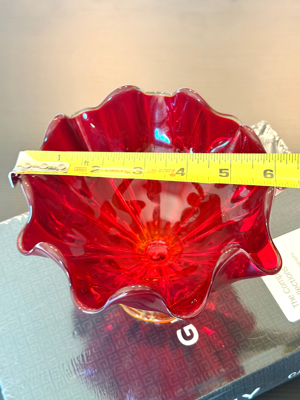 Ruby Red & Amber Art Glass Pedestal Bowl Compote Vintage