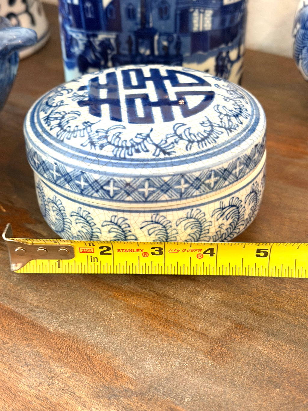 Blue White Chinoiserie Trinket Box Crackle Glaze Porcelain Keepsake Box Asian Longevity Symbol Decor