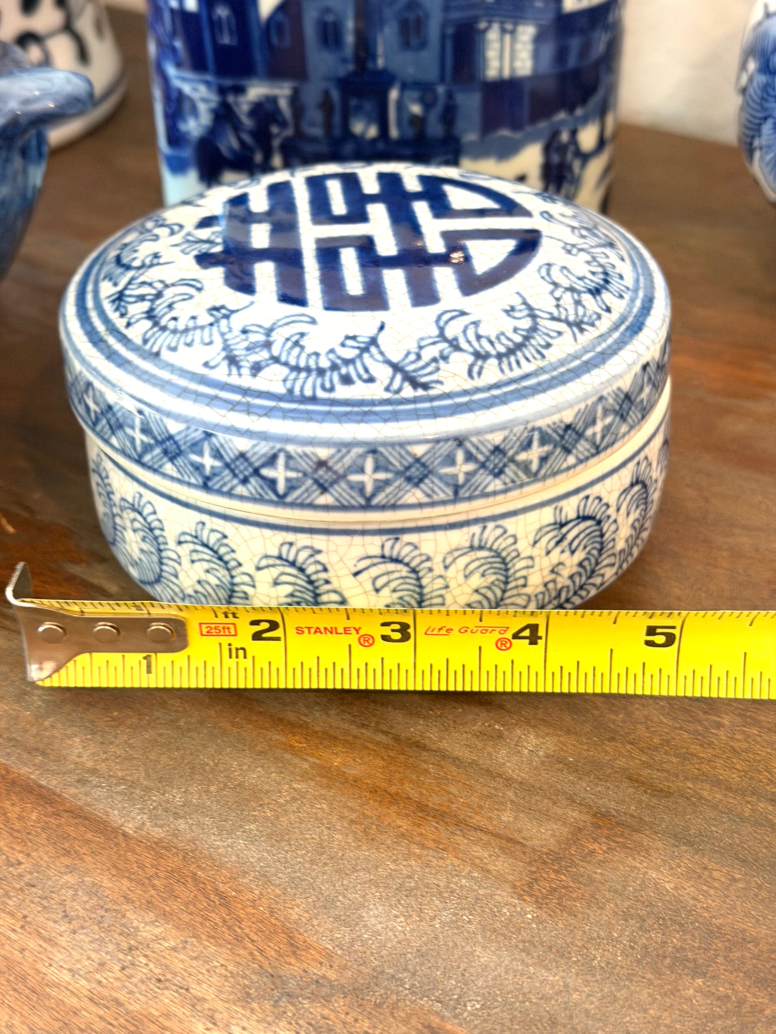 Blue White Chinoiserie Trinket Box Crackle Glaze Porcelain Keepsake Box Asian Longevity Symbol Decor