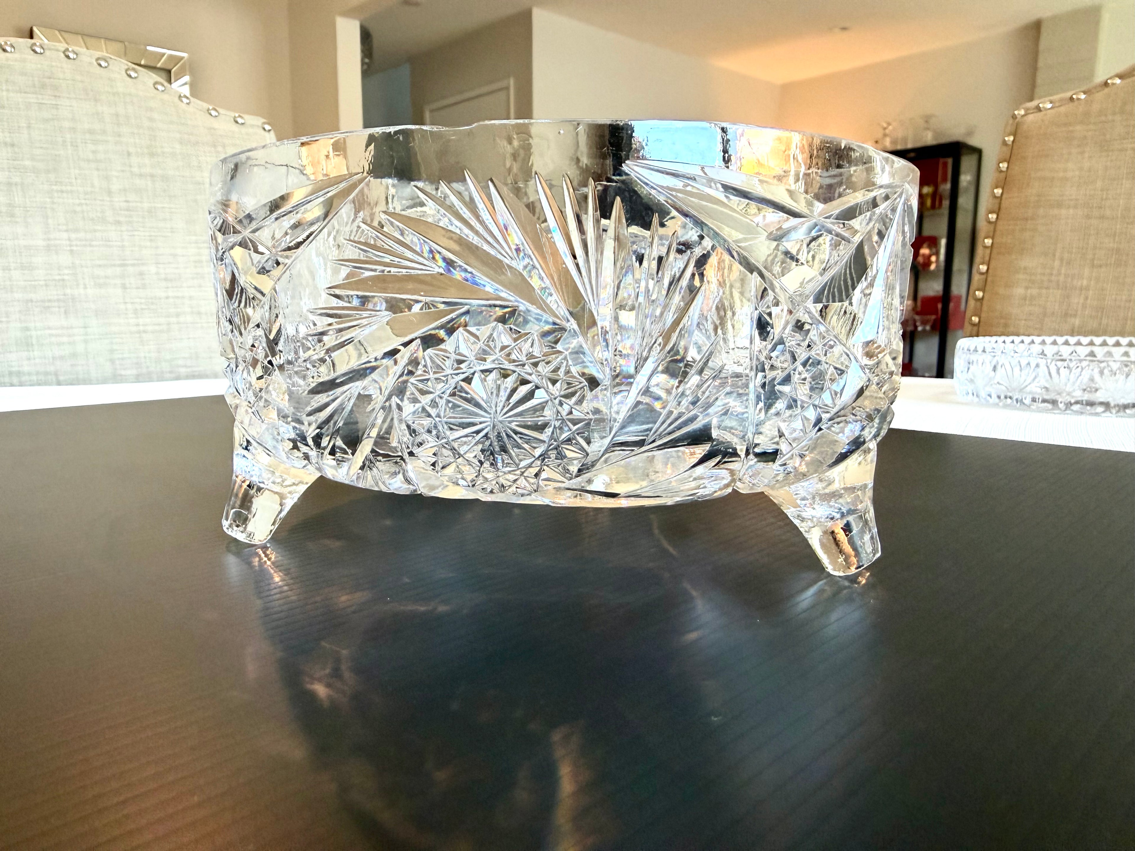 Heavy Cut Crystal Footed Bowl Starburst Centerpiece Elegant Estate Crystal Vintage