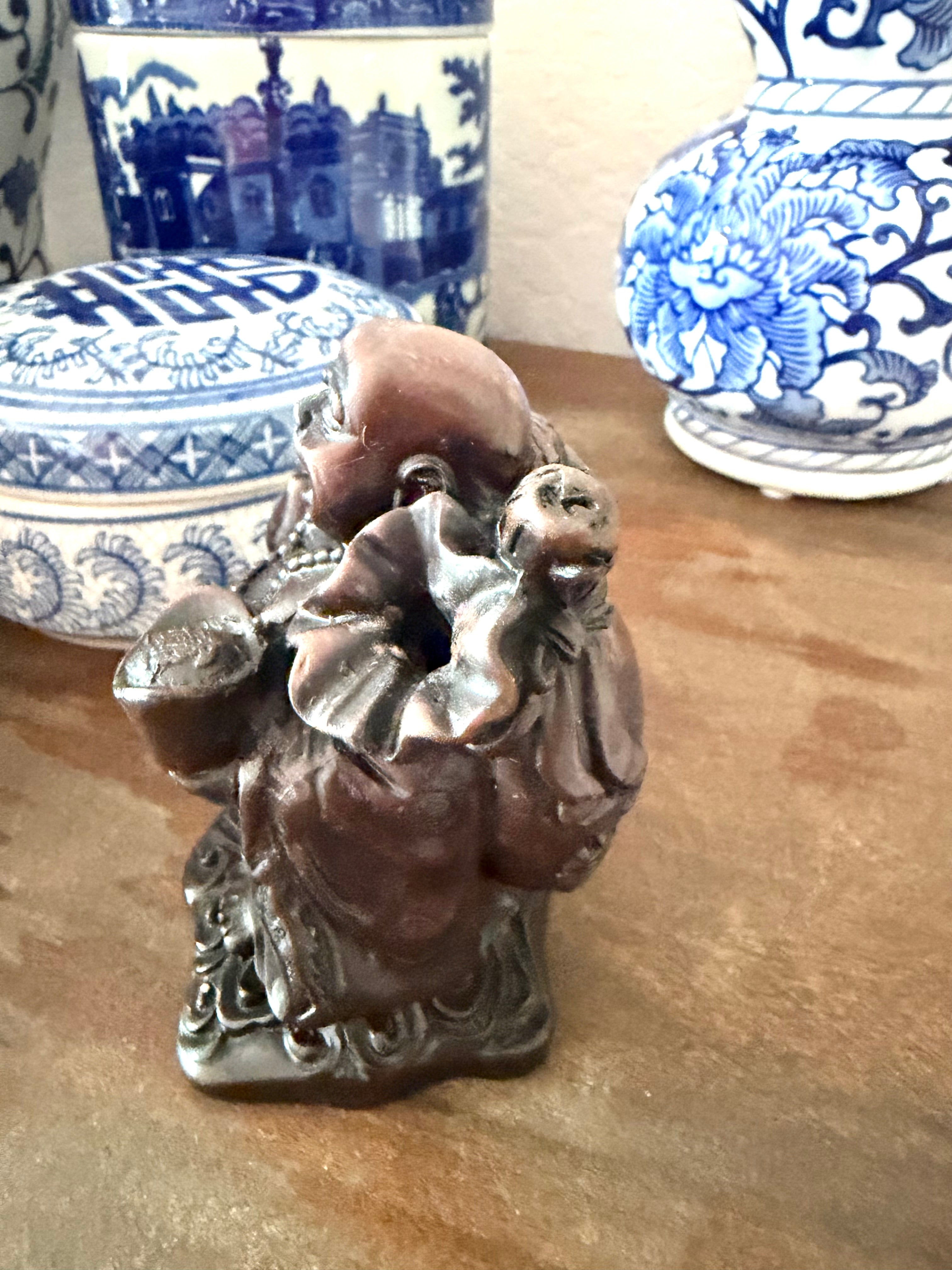 Happy Buddha Figurine Dark Wood Resin Carved Laughing Buddha Good Luck Feng Shui Vintage