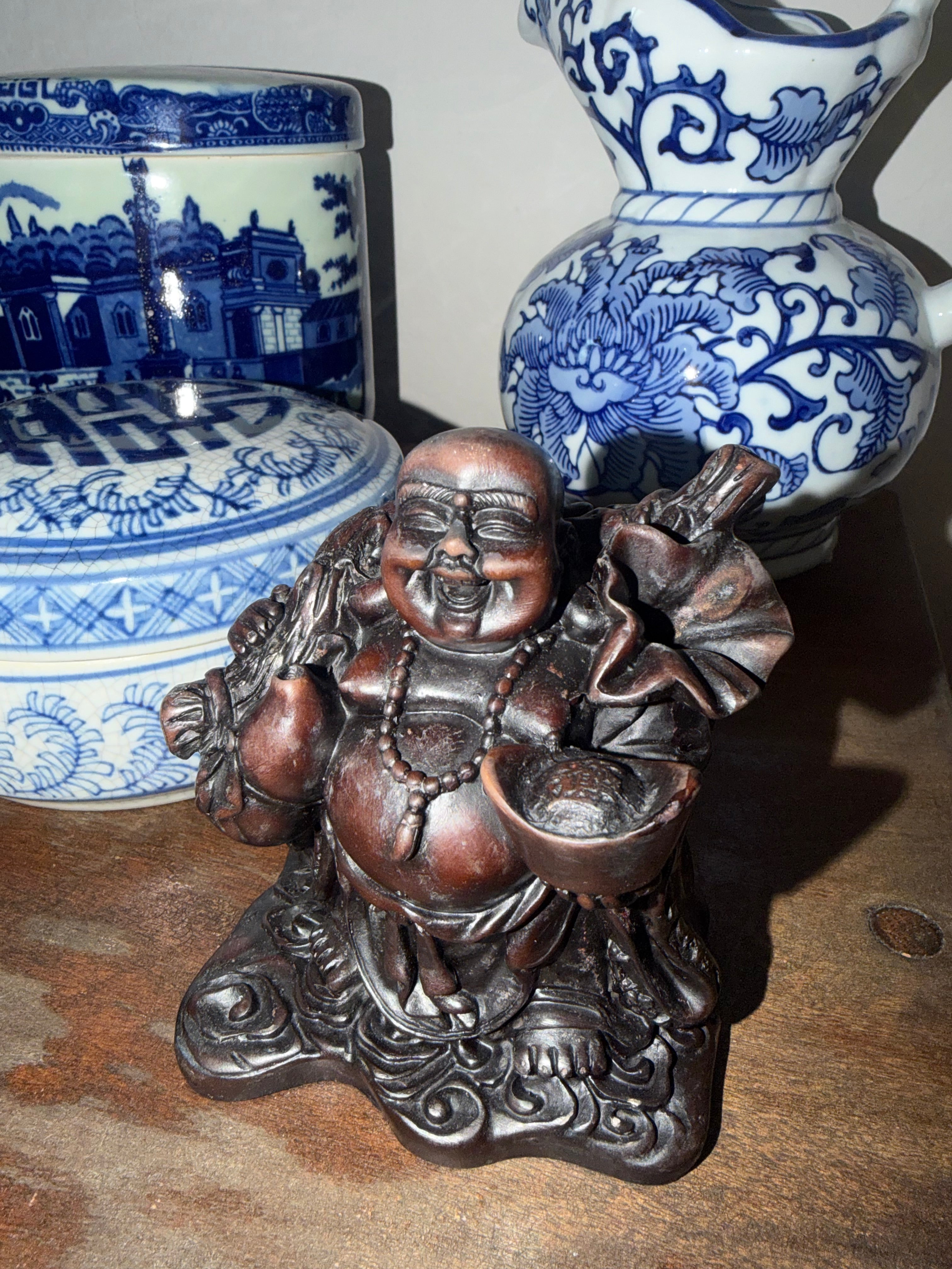 Happy Buddha Figurine Dark Wood Resin Carved Laughing Buddha Good Luck Feng Shui Vintage