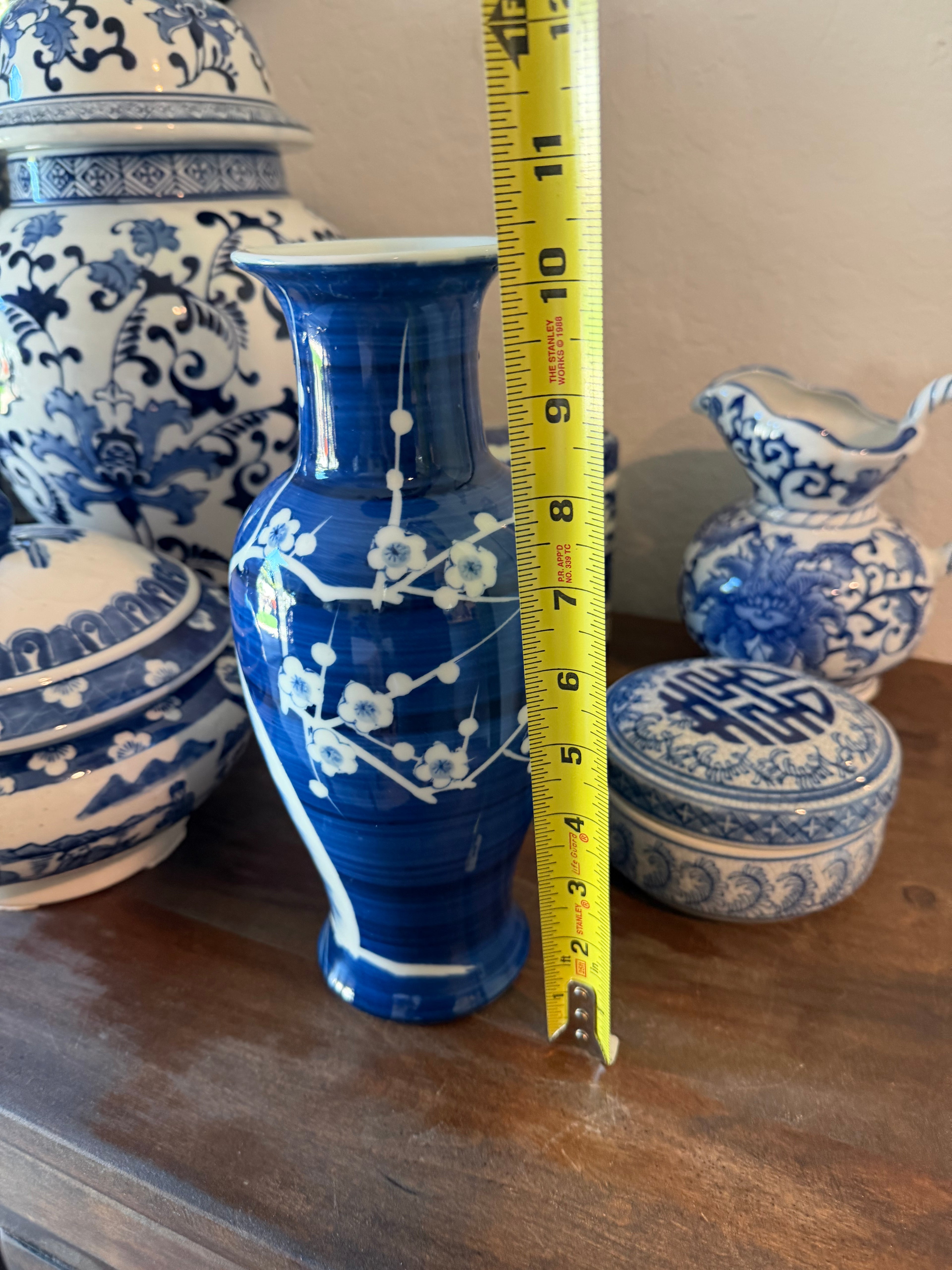 Chinese Blue & White Porcelain Vase — Prunus Blossom — Cobalt Cobalt Glazed — 10" — Mid-Century 