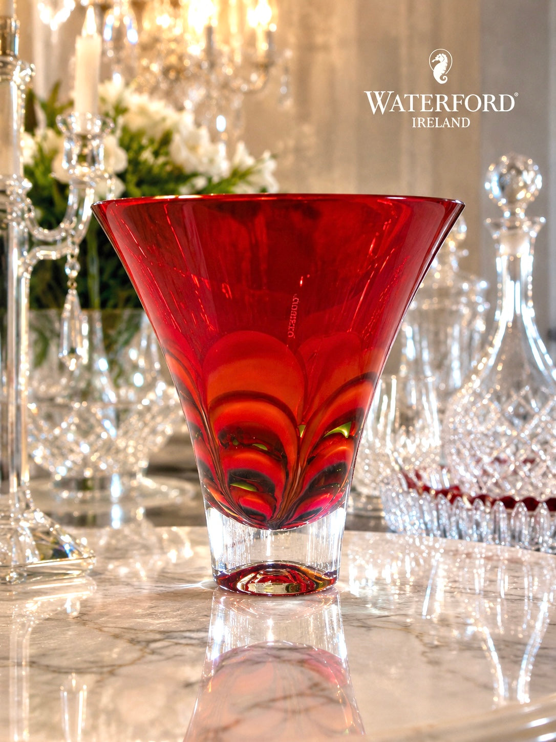 Waterford Evolution Ruby Red Art Glass Vase Ireland Contemporary Crystal Centerpiece