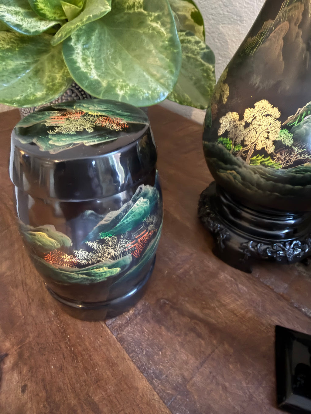 Chinese Black Lacquerware Set 7pc Fuzhou Shanshui Landscape Vase Tray Bowl Hand-Painted Export Decor 1960s–1980s