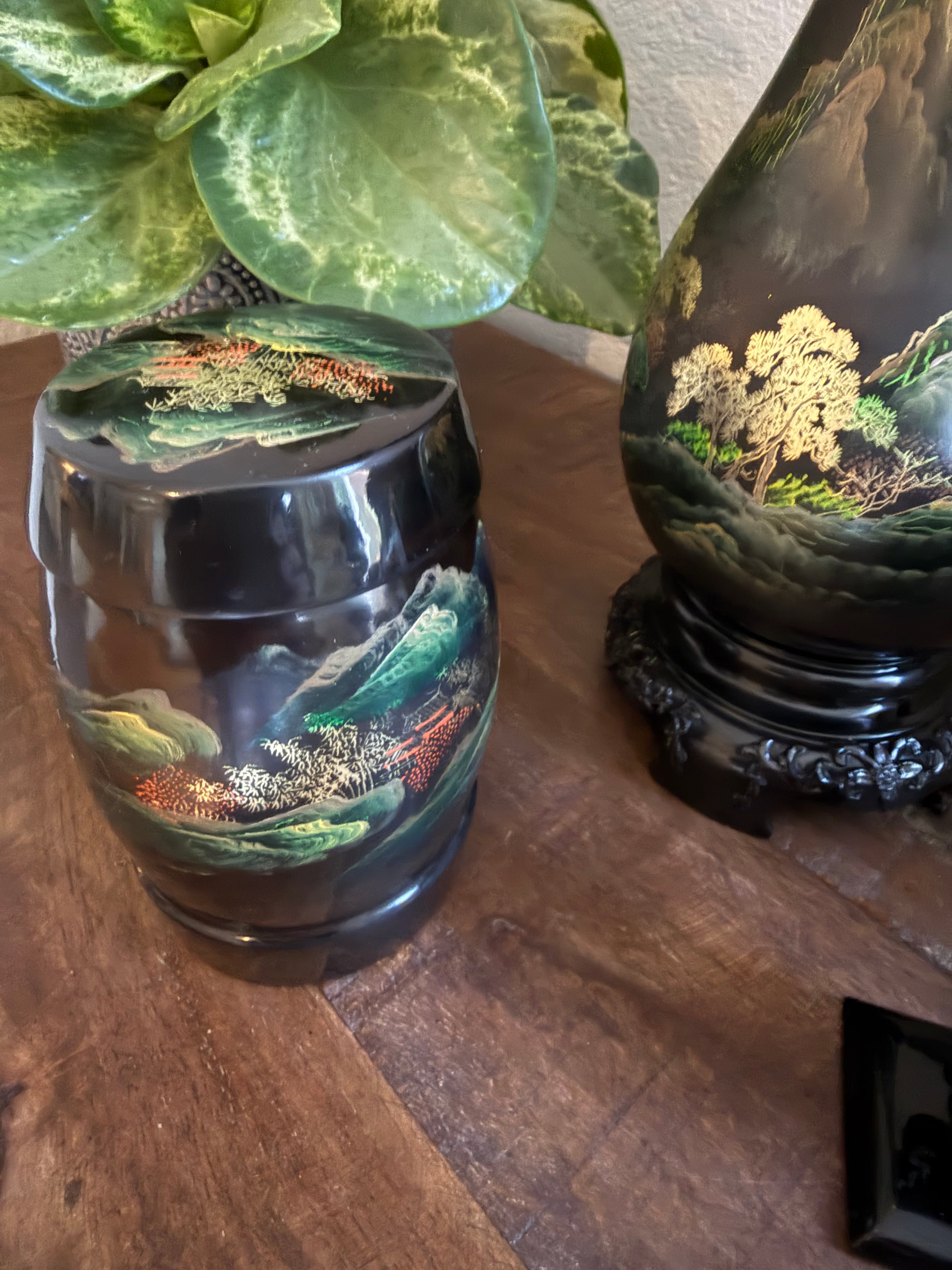 Chinese Black Lacquerware Set 7pc Fuzhou Shanshui Landscape Vase Tray Bowl Hand-Painted Export Decor 1960s–1980s
