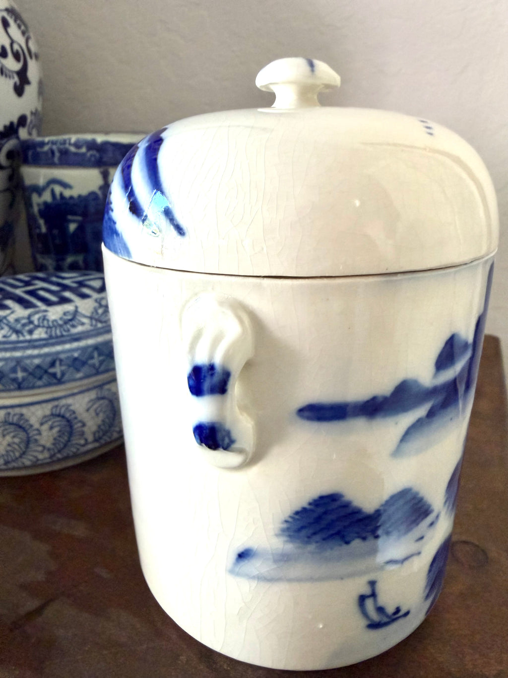 Chinese Blue & White Ceramic Tea Caddy with Landscape Scene & Inner Lid Vintage